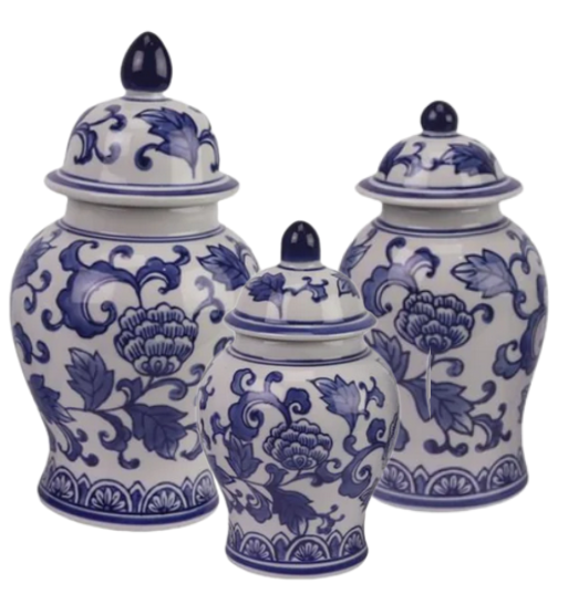 Set of 3 Blue & White Floral Food Safe Jars
