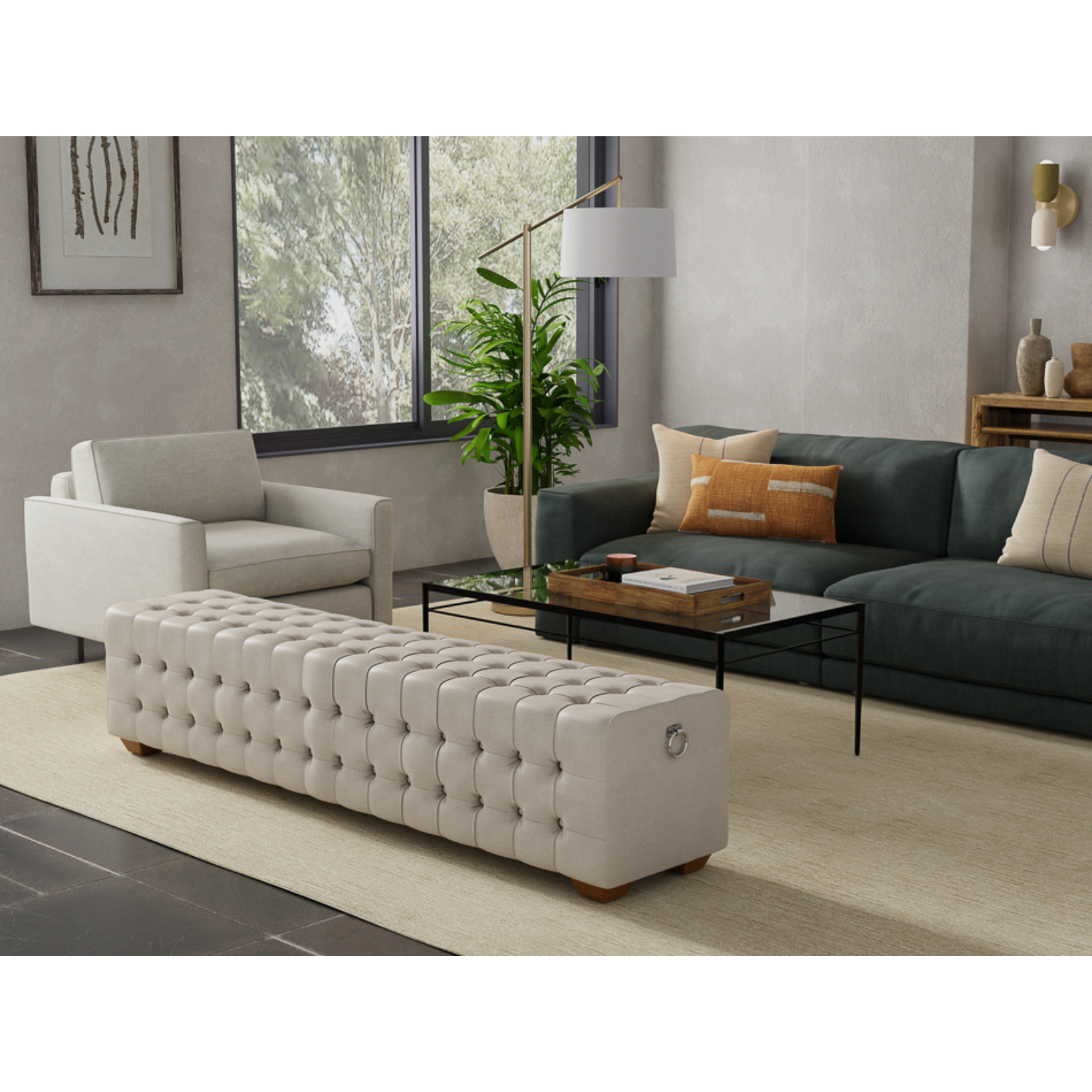"Beam" Bench  Tufted Beige Linen