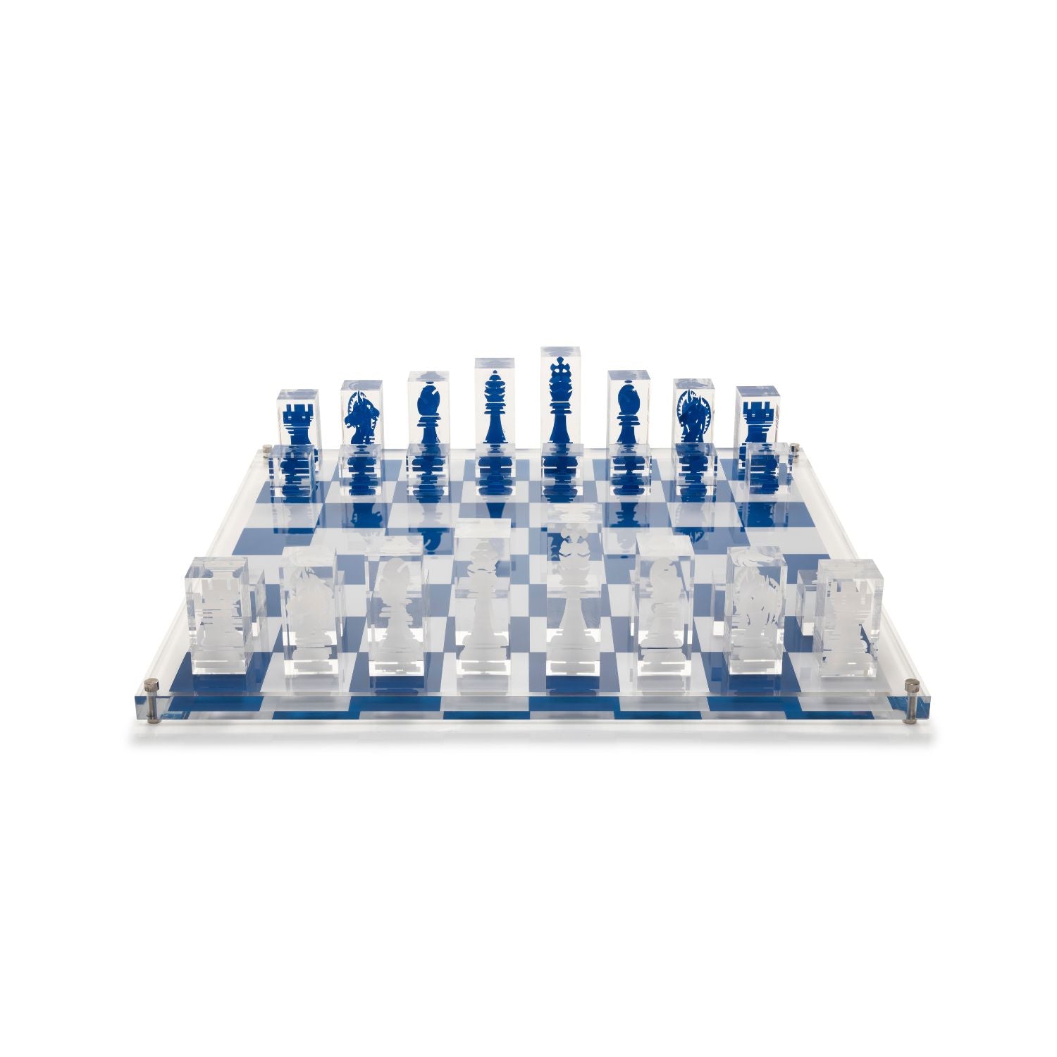 Acrylic Chess Set with White and Dark Blue Pieces