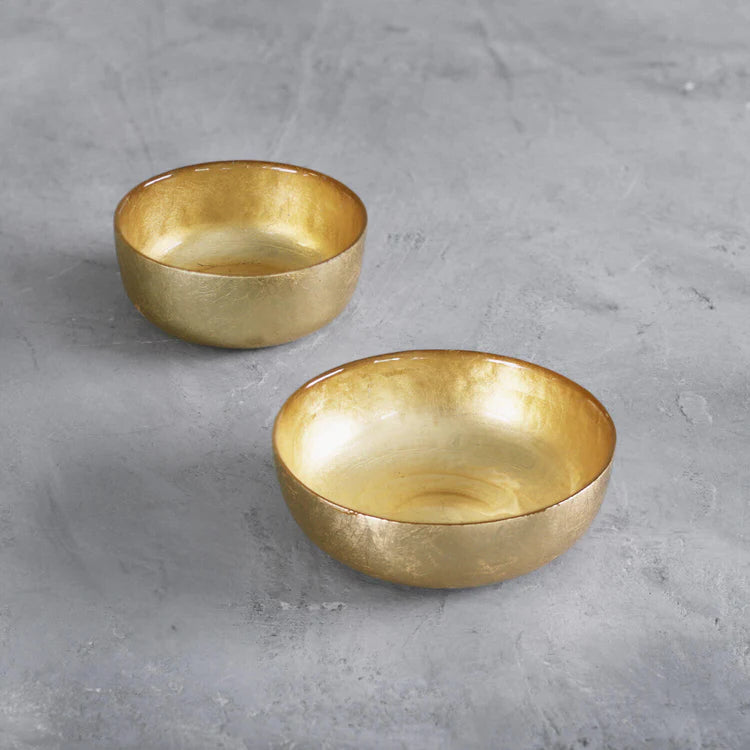 GLASS New Orleans Shallow Round Foil Leafing Bowl Set of 2 (Gold)