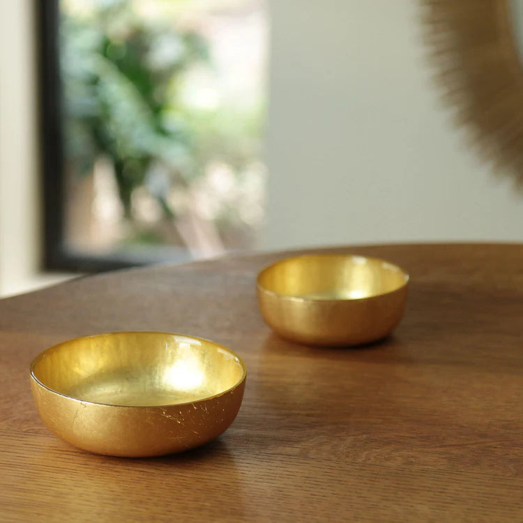 GLASS New Orleans Shallow Round Foil Leafing Bowl Set of 2 (Gold)