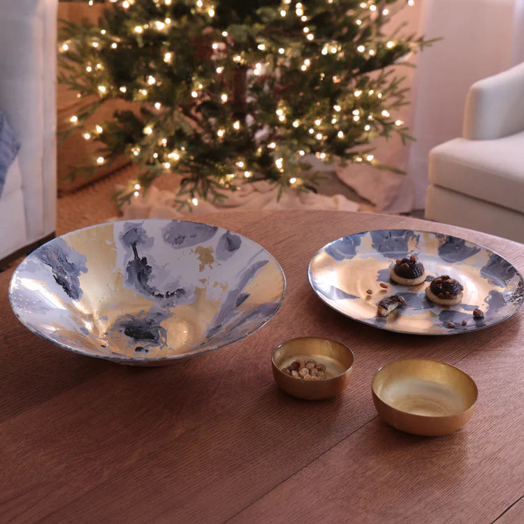 GLASS New Orleans Shallow Round Foil Leafing Bowl Set of 2 (Gold)