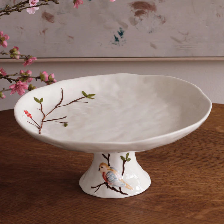 CERAMIC Bird on Branch Pedestal Cake Plate (Multi)
