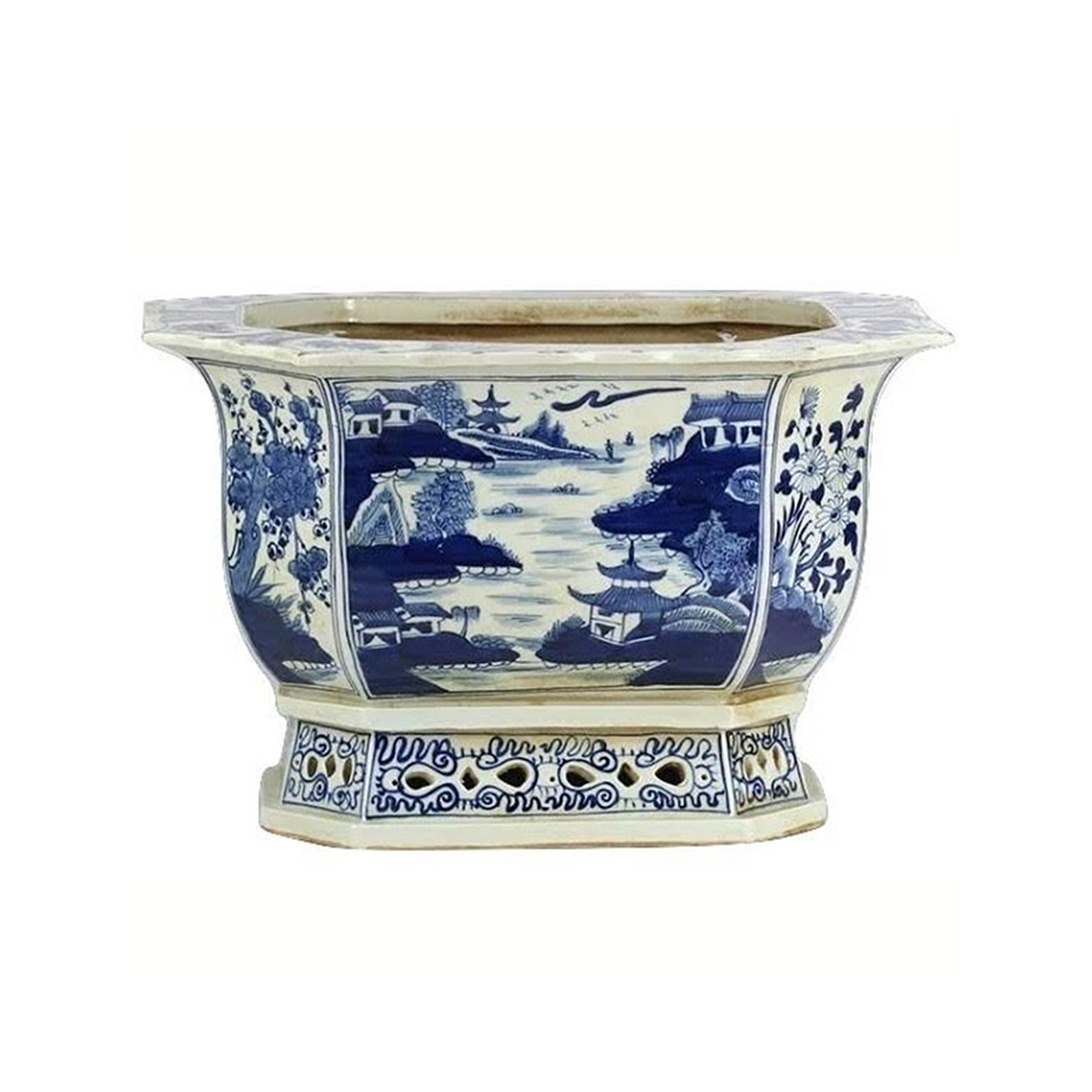 Village Scene Scalloped Pierced Planter