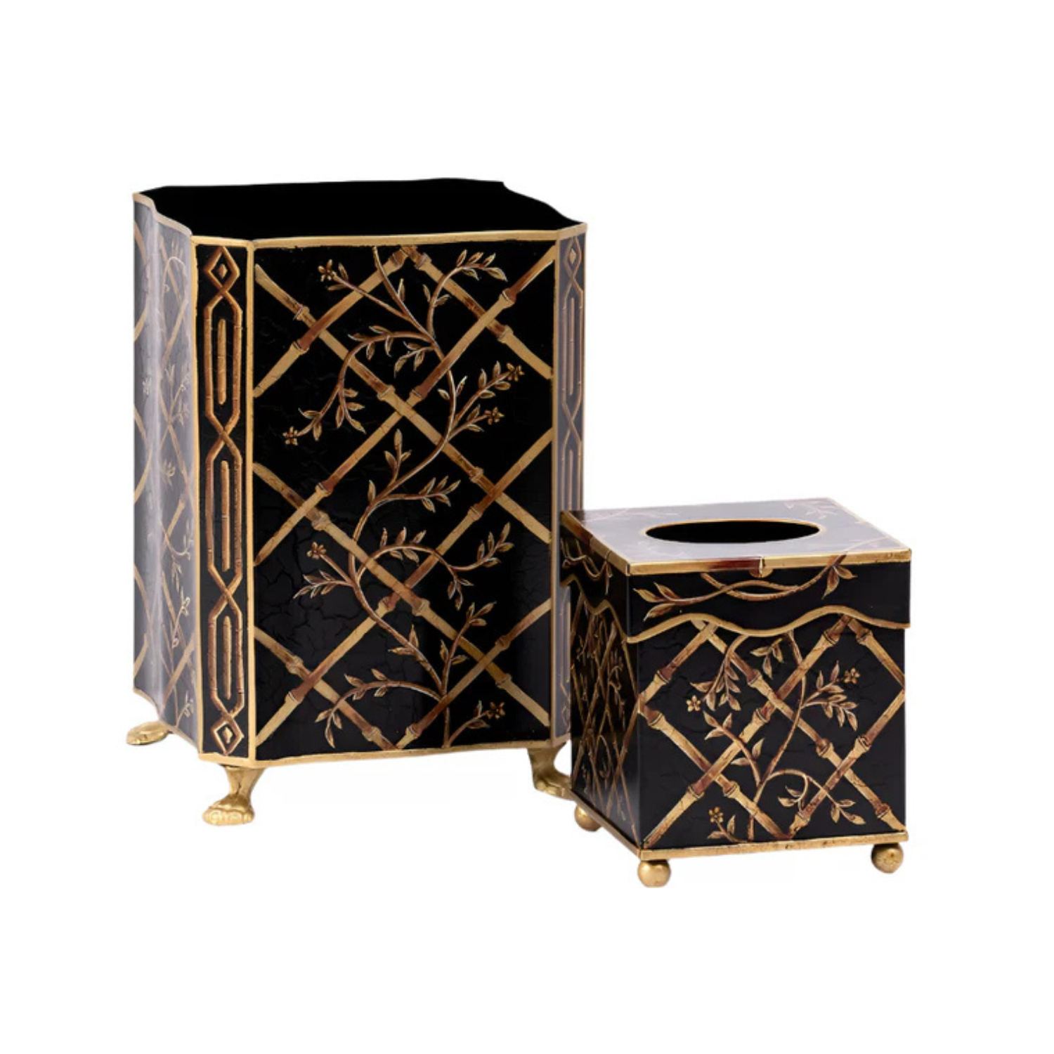 Black Bamboo & Floral Tissue Holder & Wastepaper Basket