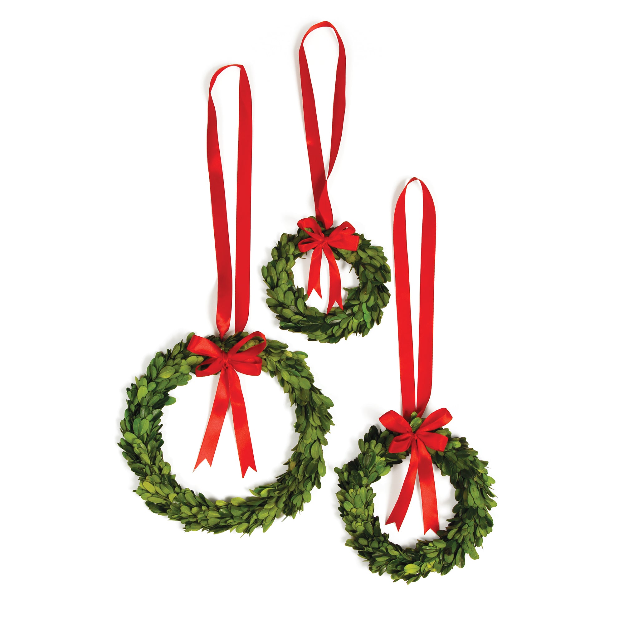 Evergreen Wreaths With Red Ribbons, Set of 3