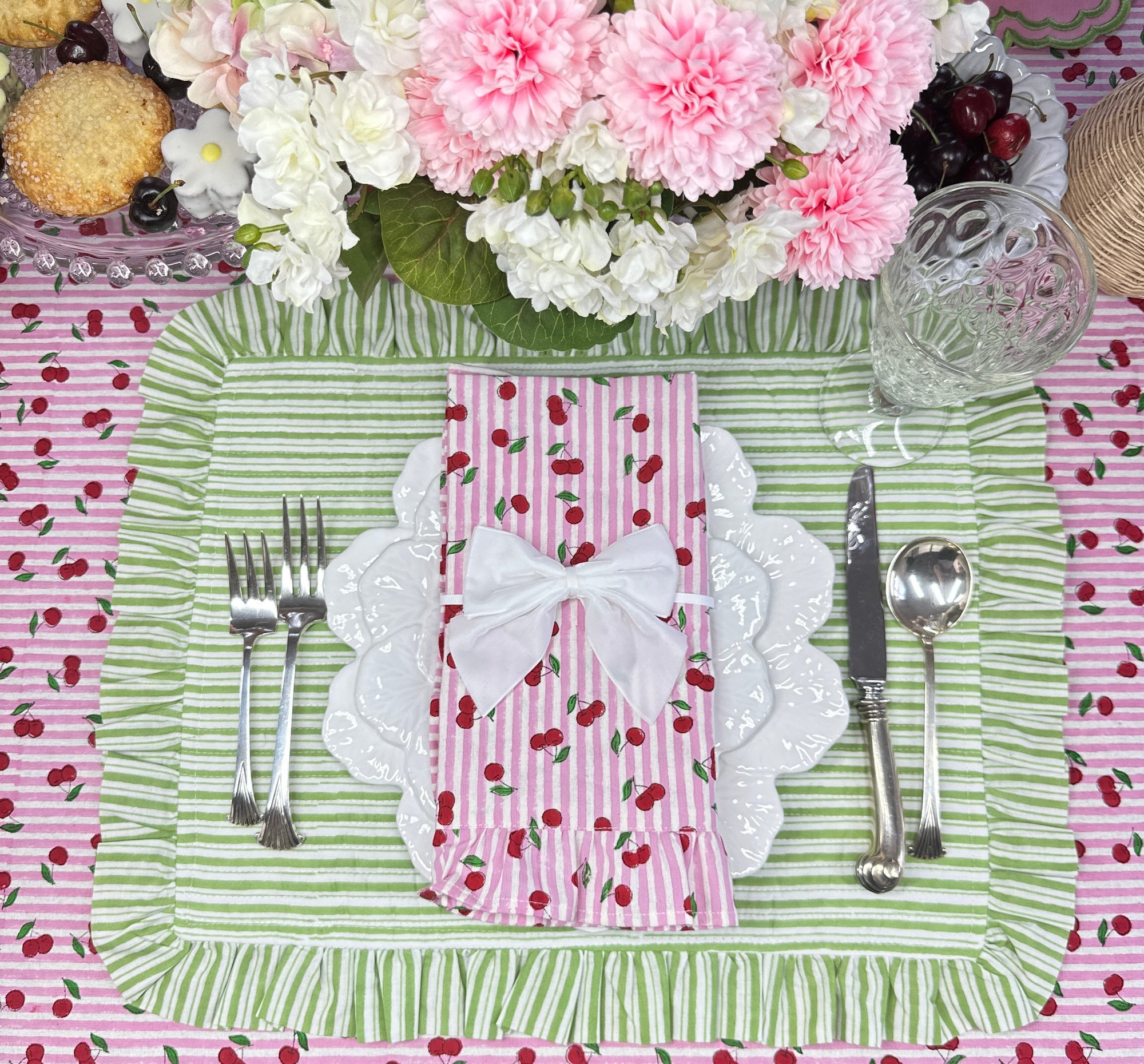 Green Stripes - Quilted Placemats with Ruffle - Set of 4