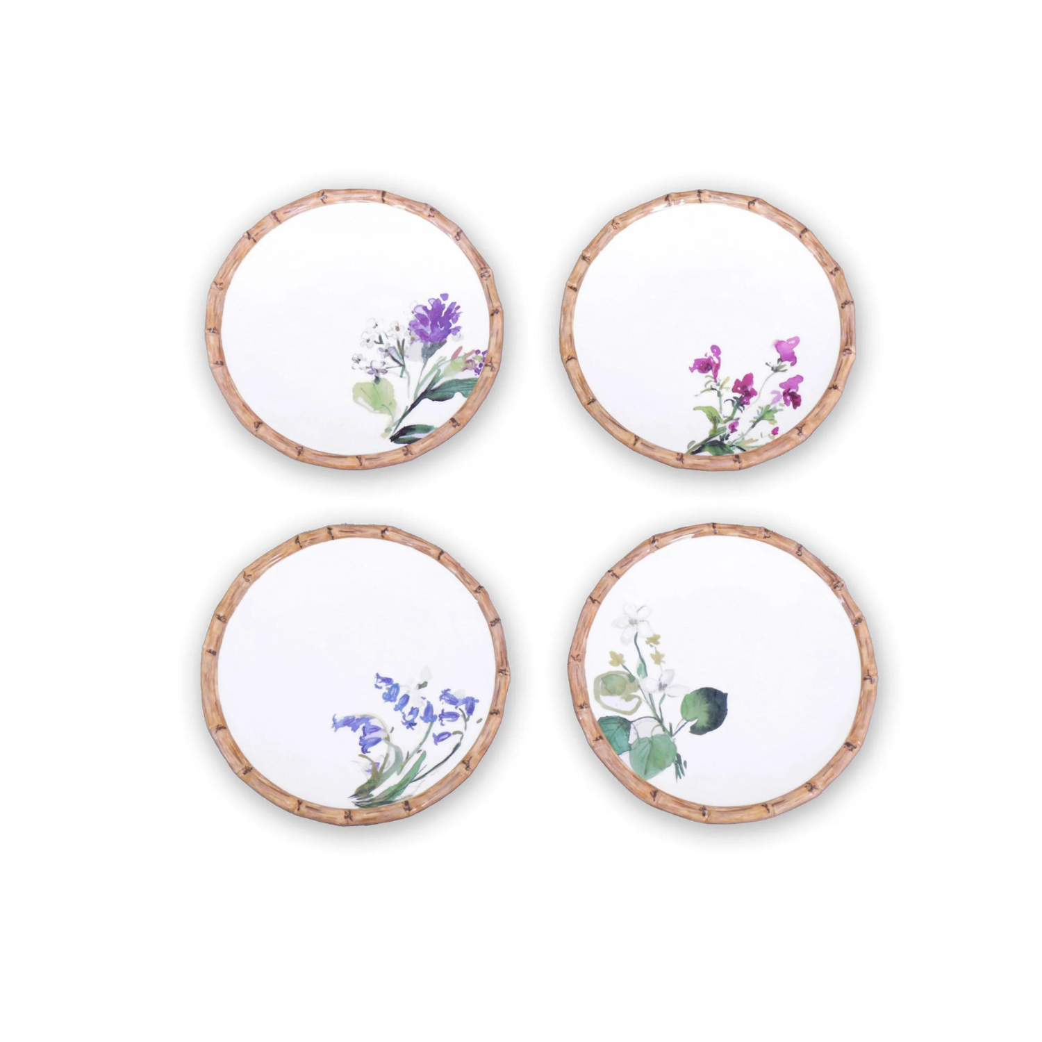 VIDA Bamboo Floral Salad Plates Set of 4 (White and Multi)