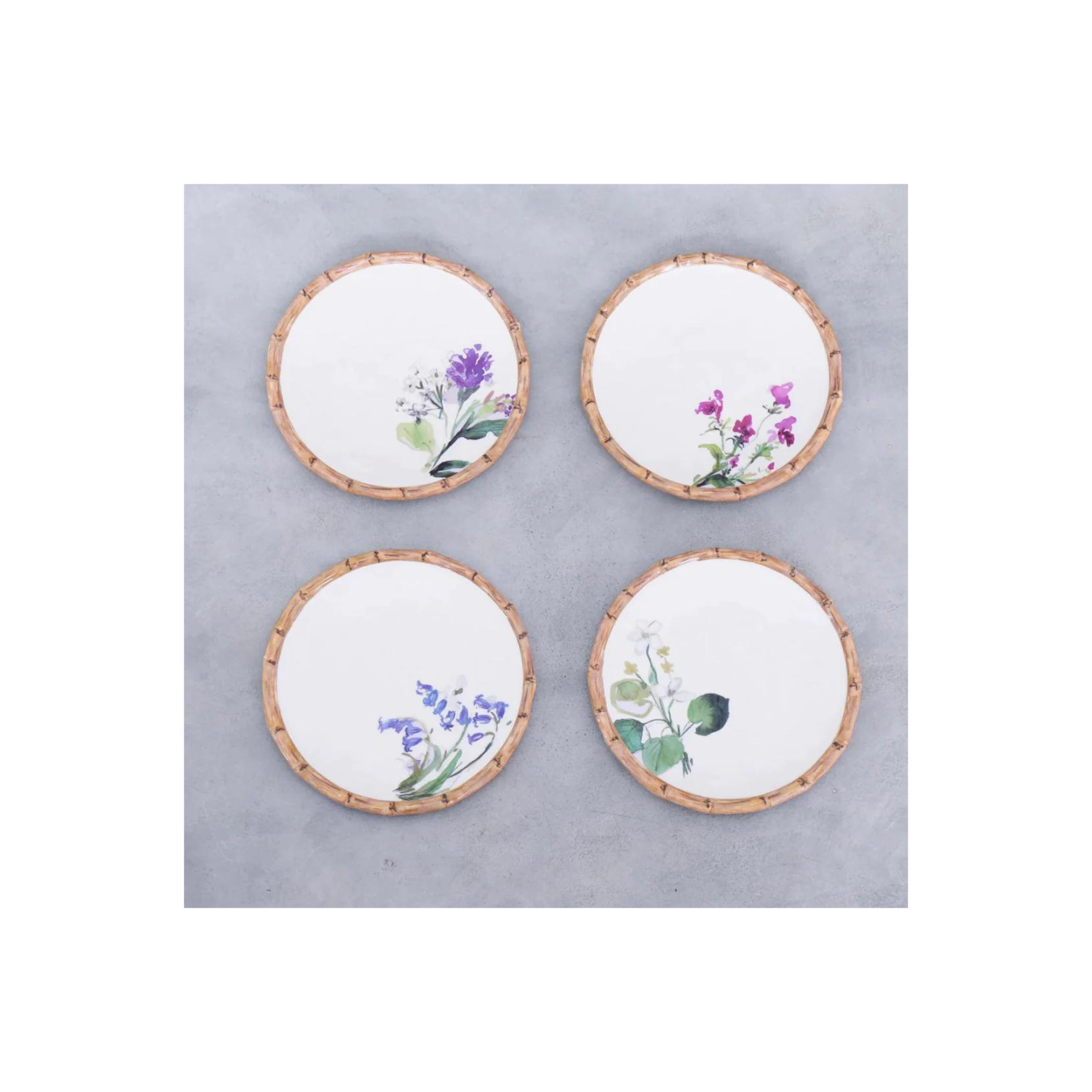 VIDA Bamboo Floral Salad Plates Set of 4 (White and Multi)