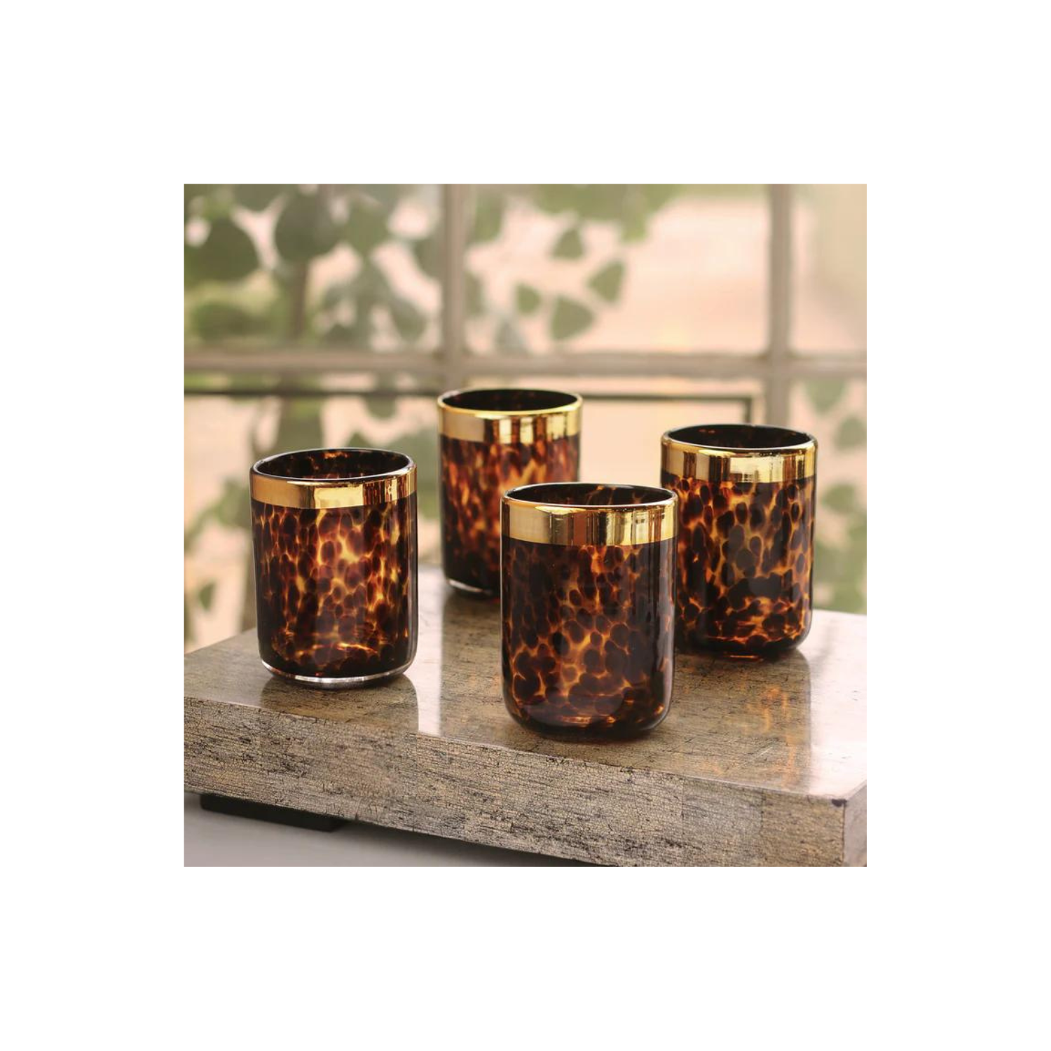 GLASS Tortoise and Gold Tumbler Set of 4