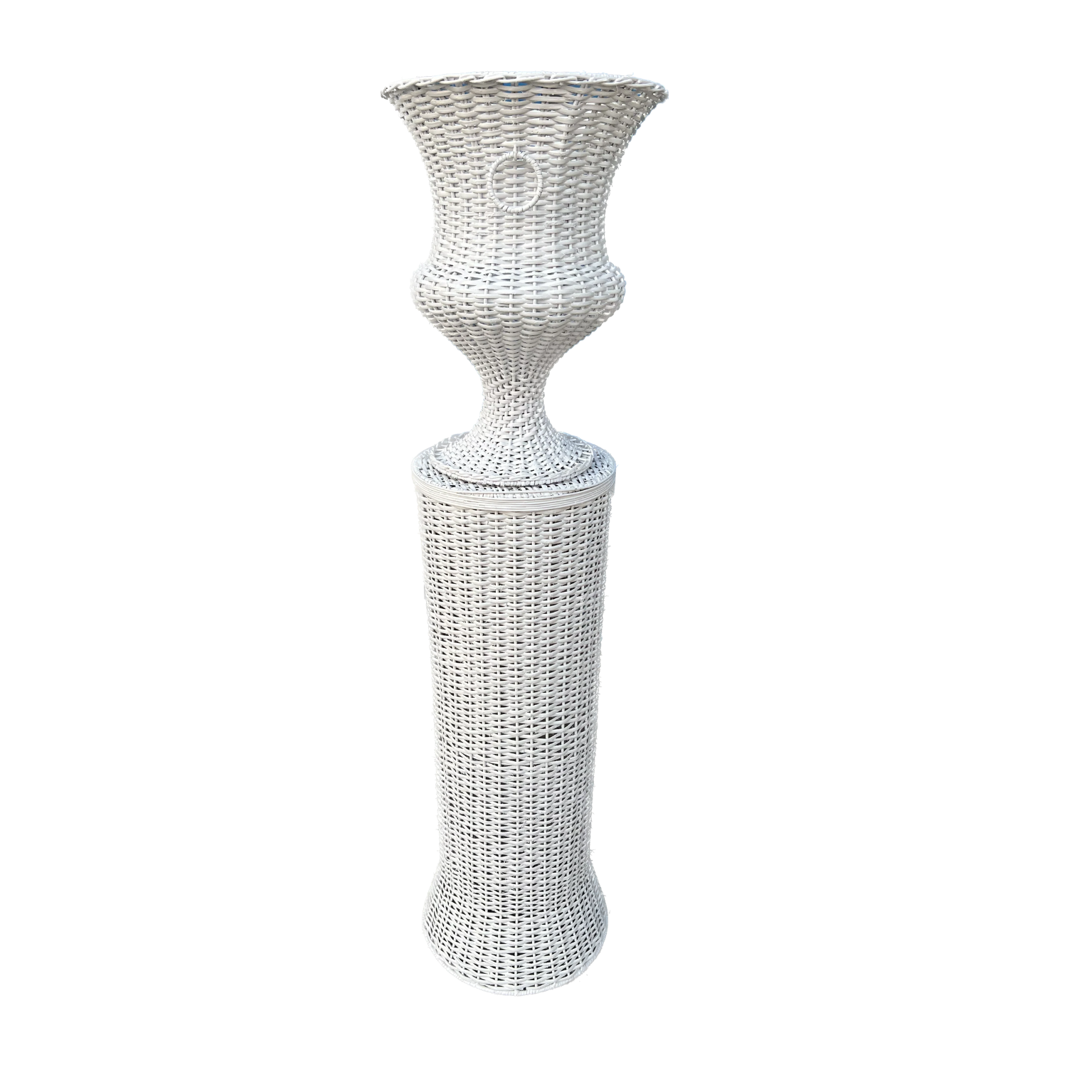 White Large Round Wicker Urn and Pedestal