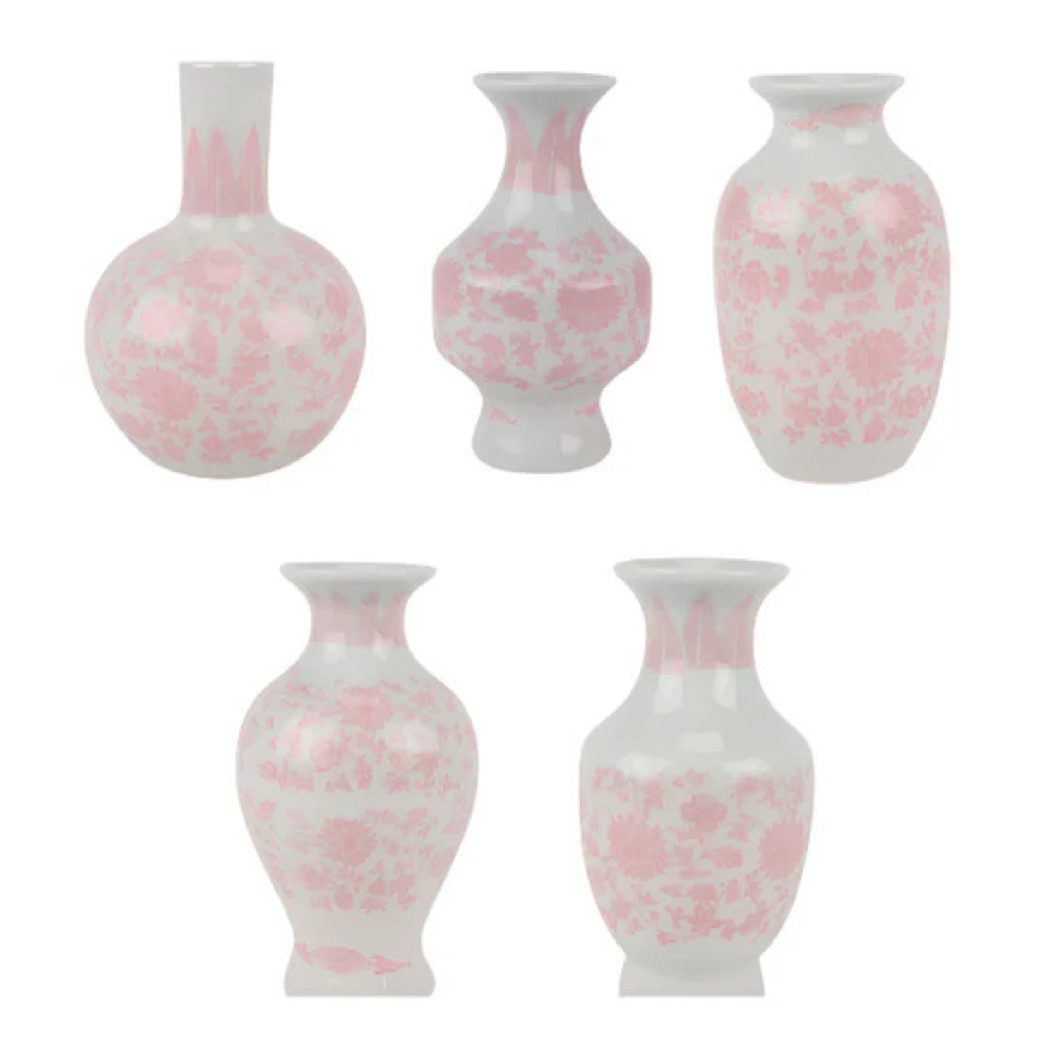 Set of 5 Mini Pink And White Bud Vases