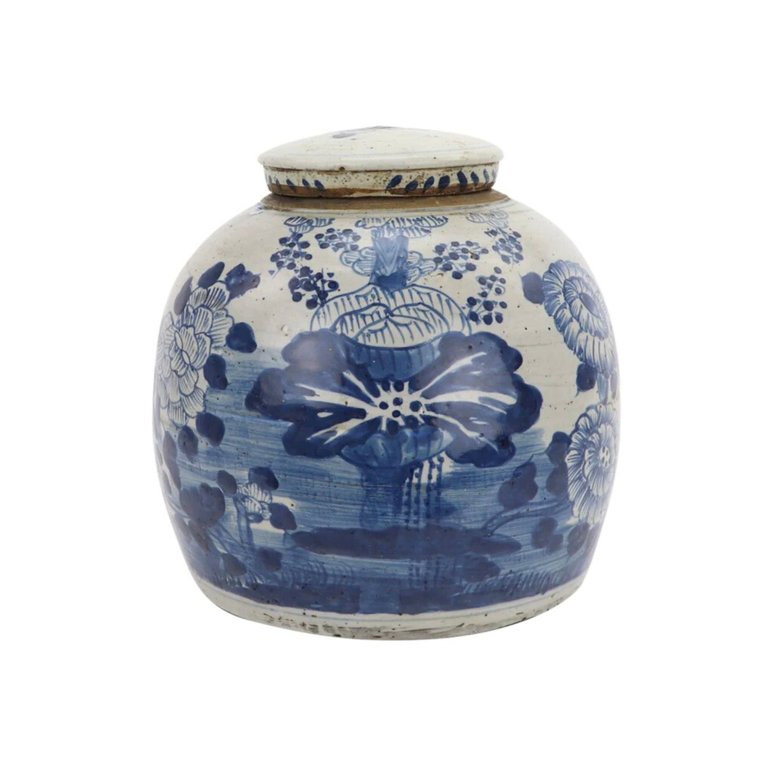 Large Lotus Antique Flat Top Jar