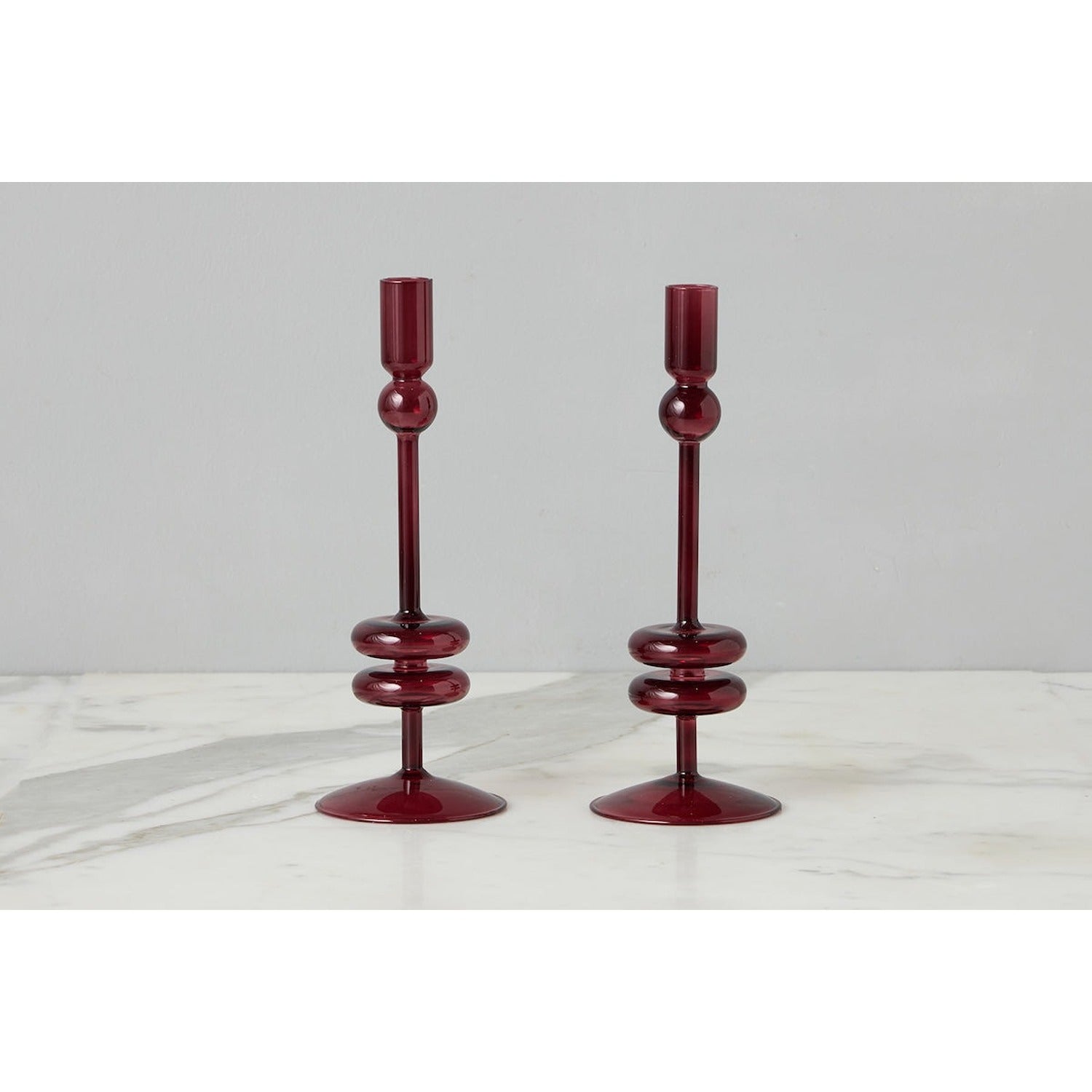 Glass Candlestick Pair, Merlot