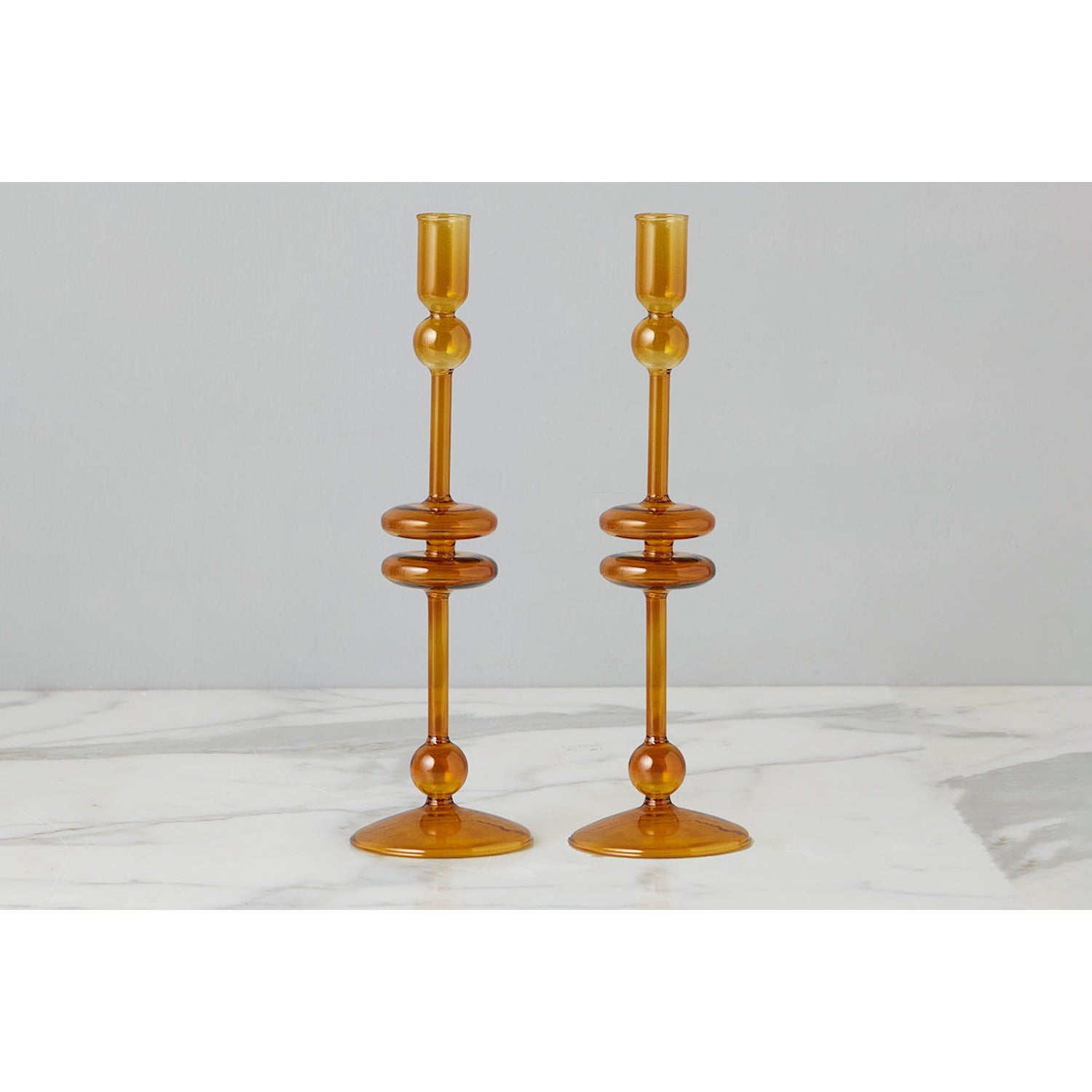 Amber Glass Candlestick Pair