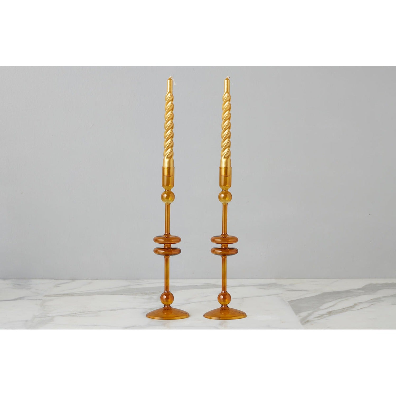 Amber Glass Candlestick Pair