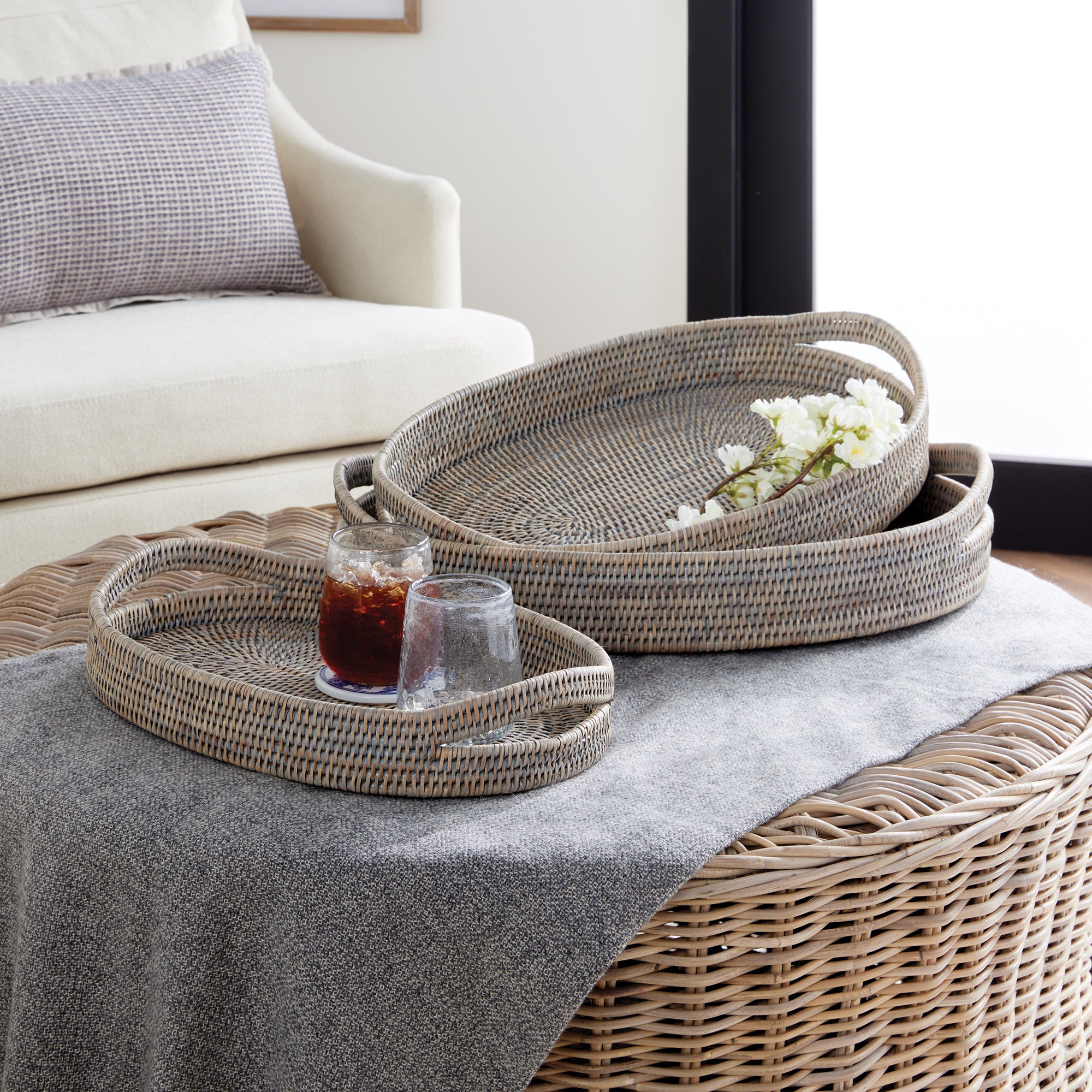 Zoe Rattan Oval Serving Trays, Set of 3
