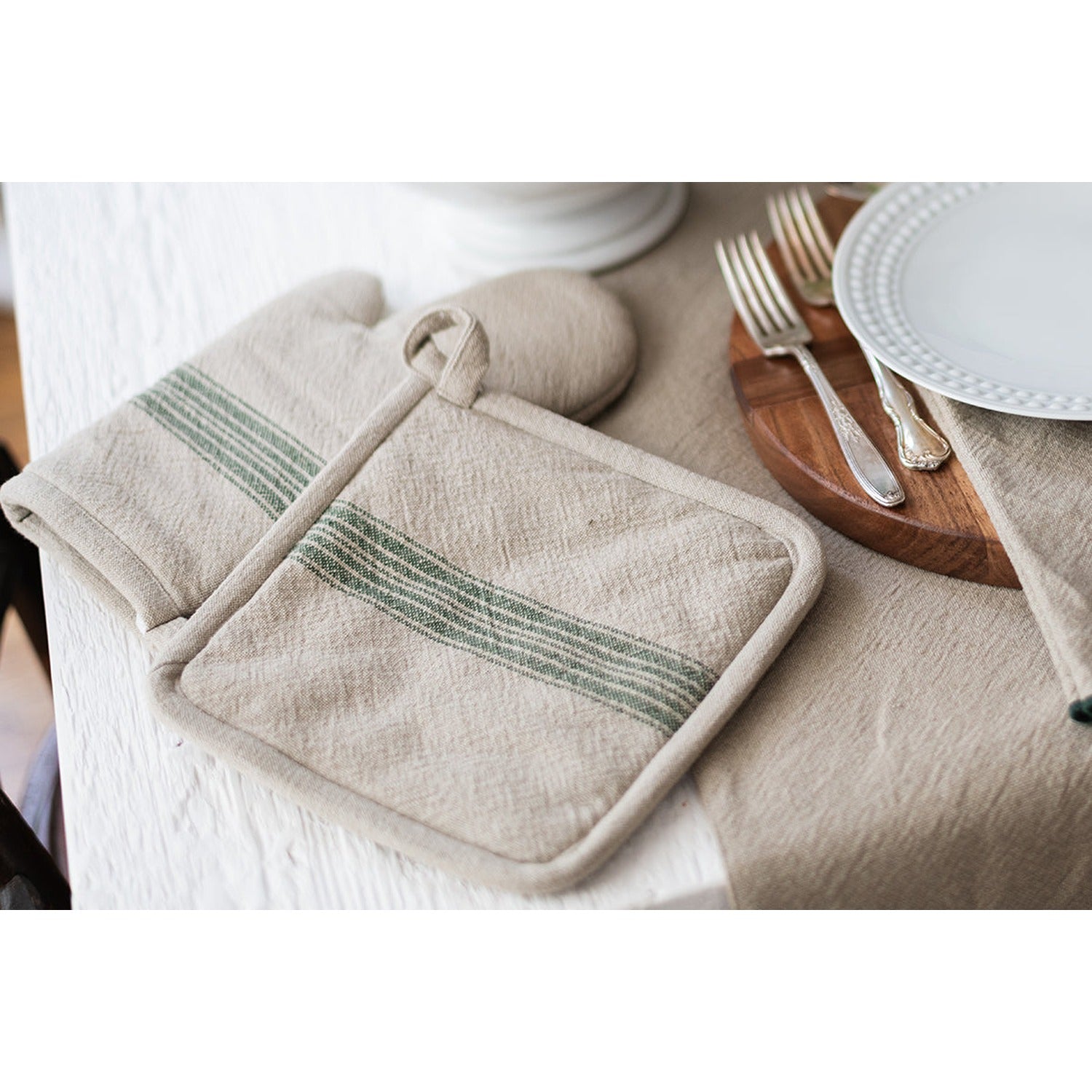 Oven Mitt, Vintage Spruce Green Stripe, Set of 2