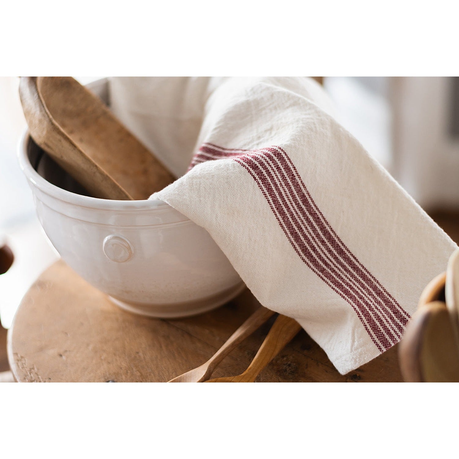 Kitchen Tea Towel, Vintage Merlot Red Stripe, Set of 2