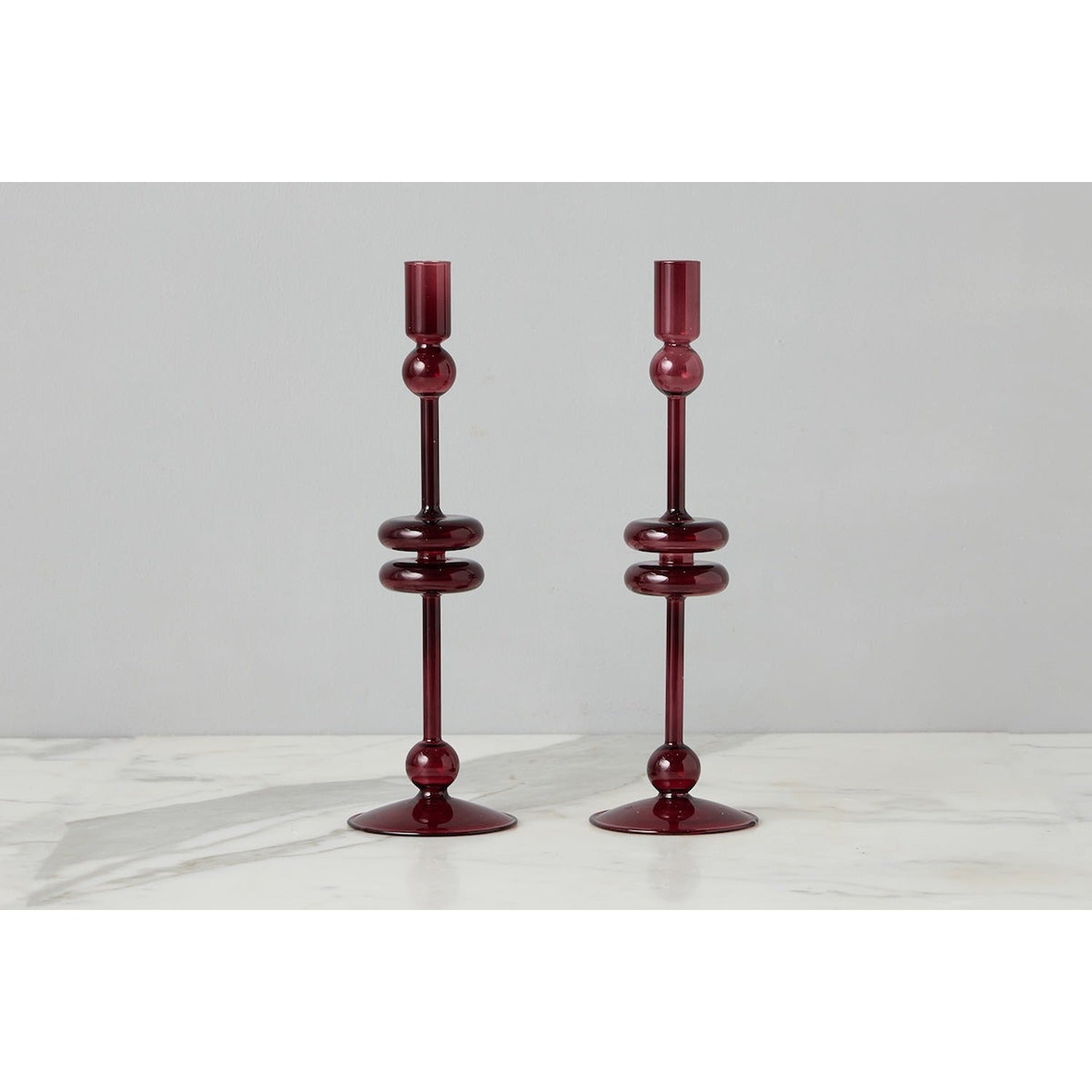 Glass Candlestick Pair, Merlot