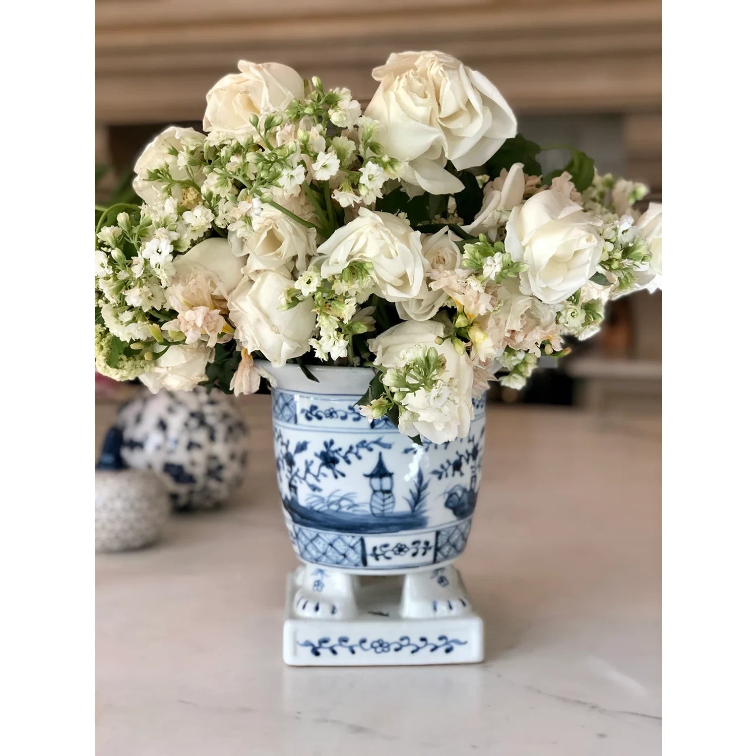 Light Blue Footed Village Scene Planter