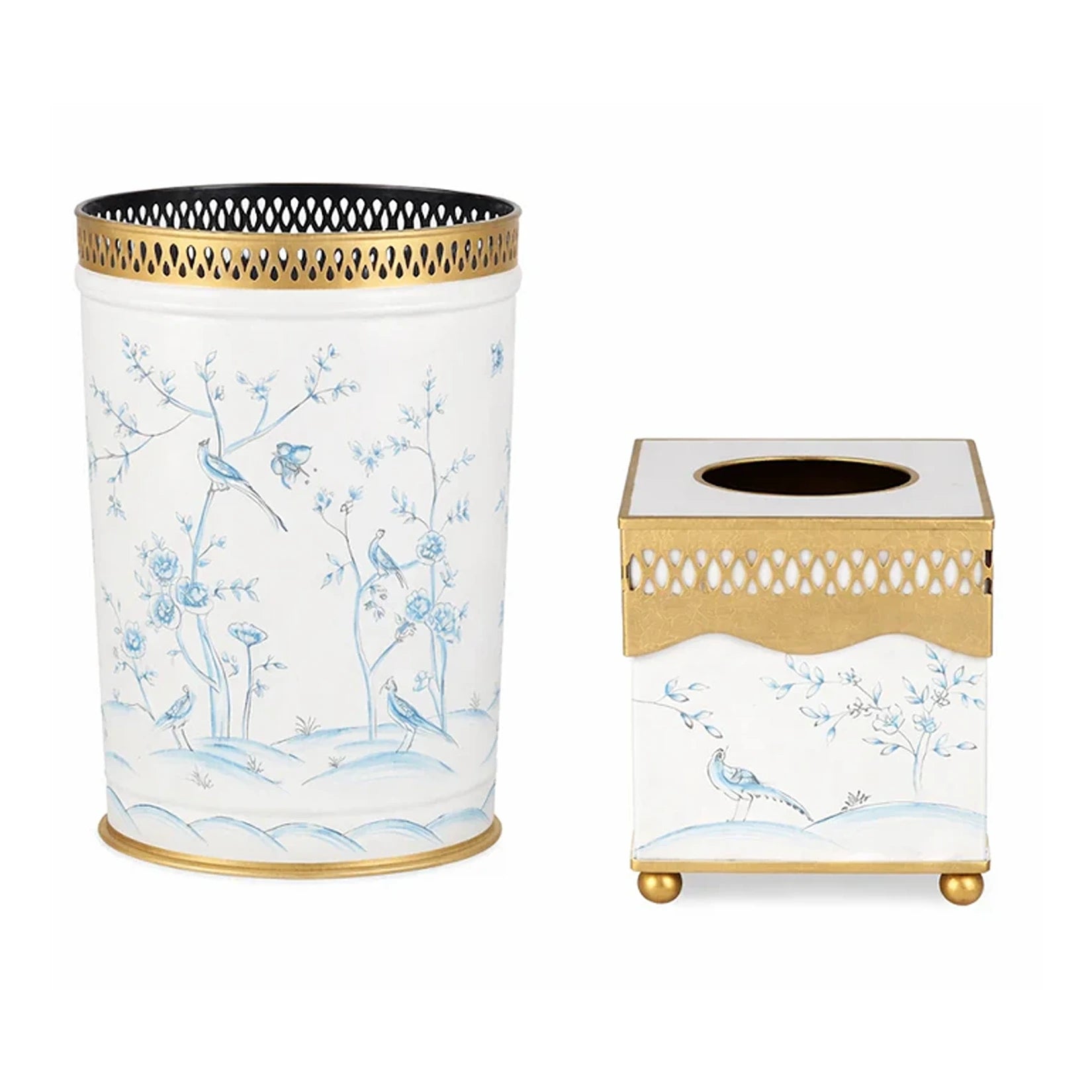 Ivory & Blue Pierced Wastepaper Basket & Tissue Holder