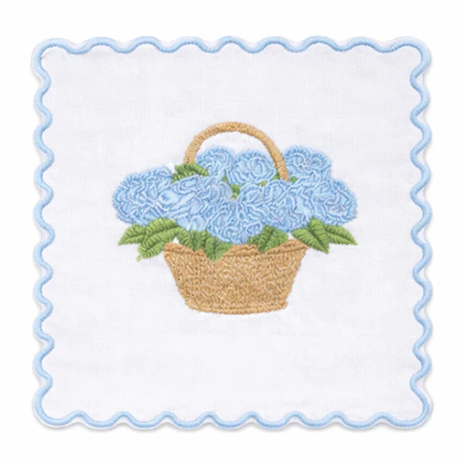 Set of 4 Blue Hydrangea Embroidered Cocktail Napkins