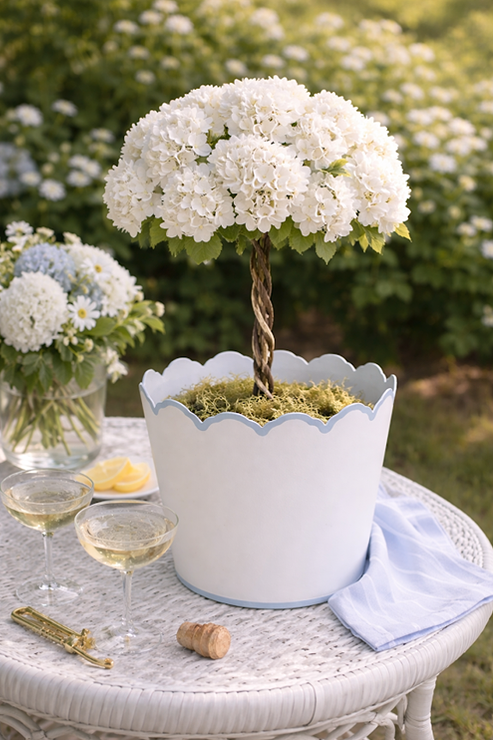 White & Pale Blue Scalloped Bucket Wastepaper Basket & Planters (4 Options)