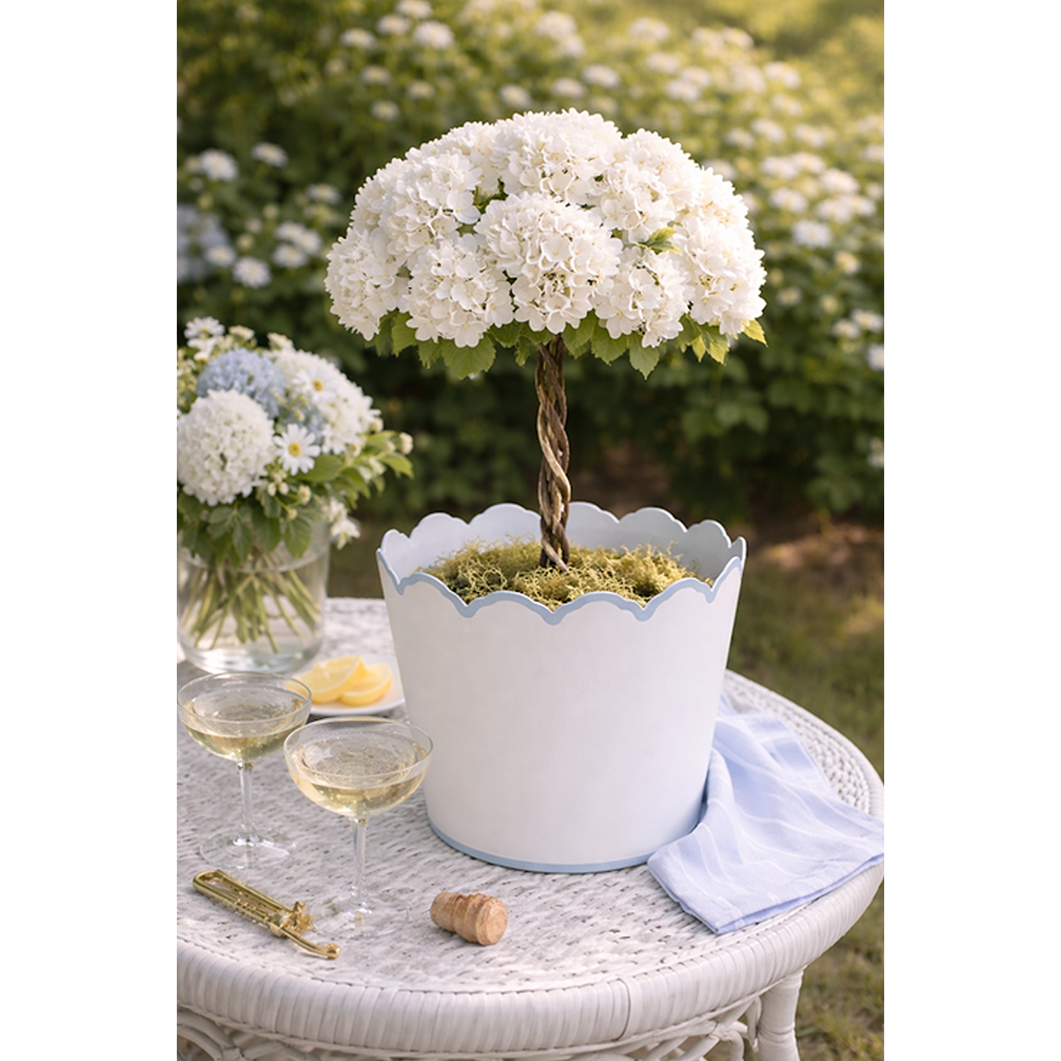 White & Pale Blue Scalloped Bucket Wastepaper Basket & Planters (4 Options)