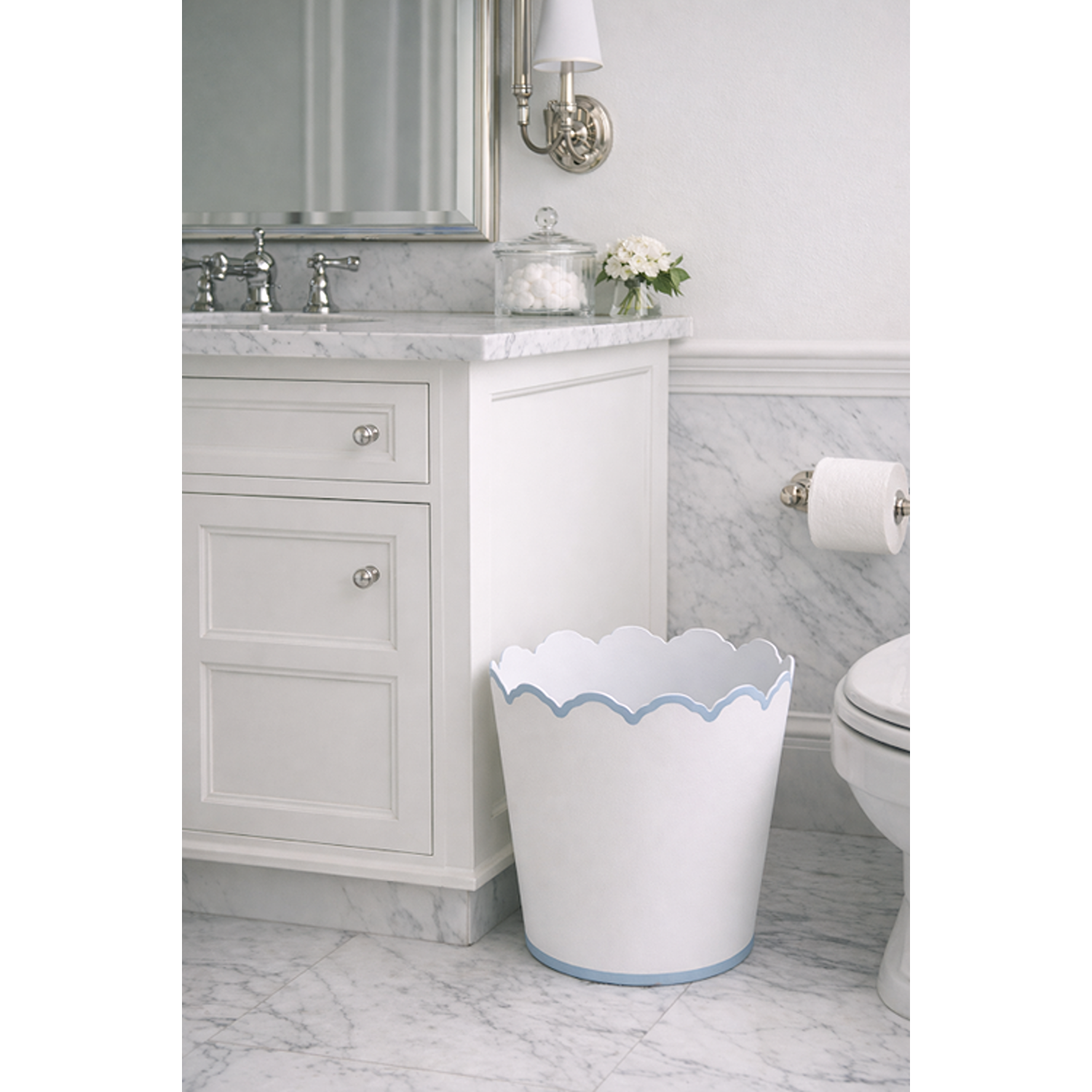 White & Pale Blue Scalloped Bucket Wastepaper Basket & Planters (4 Options)