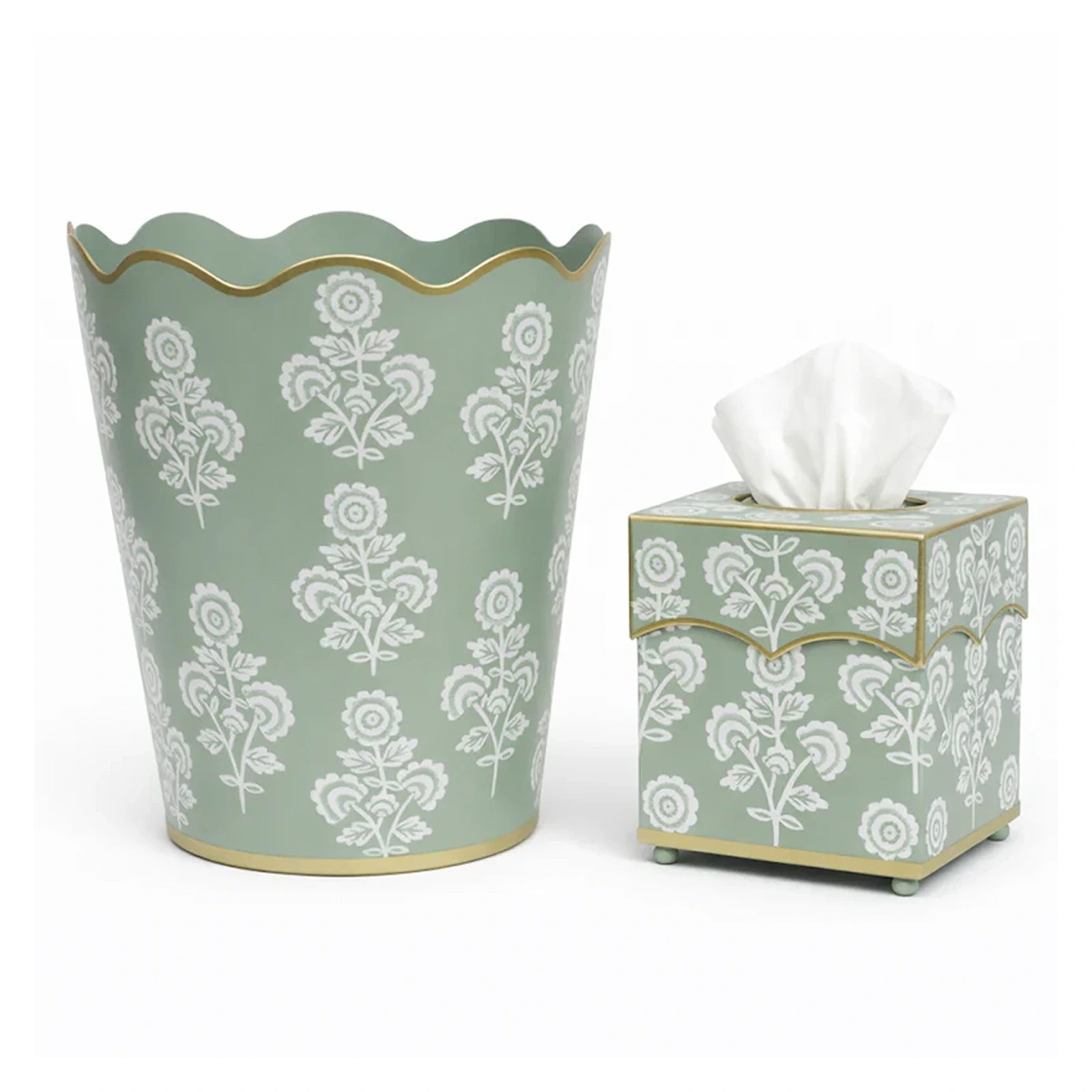 Green Floral Scalloped Wastepaper Basket & Tissue (2 Options)