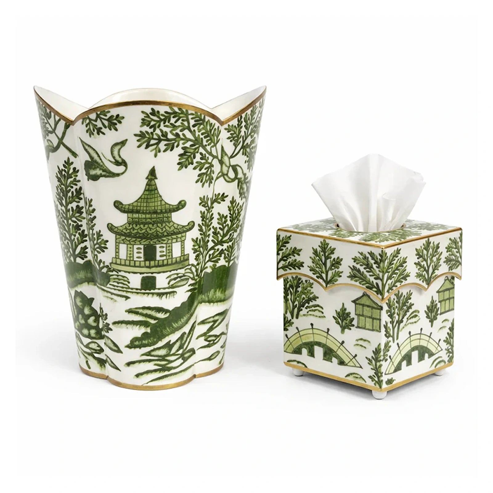Green Pagoda Wastepaper Basket & Tissue Set