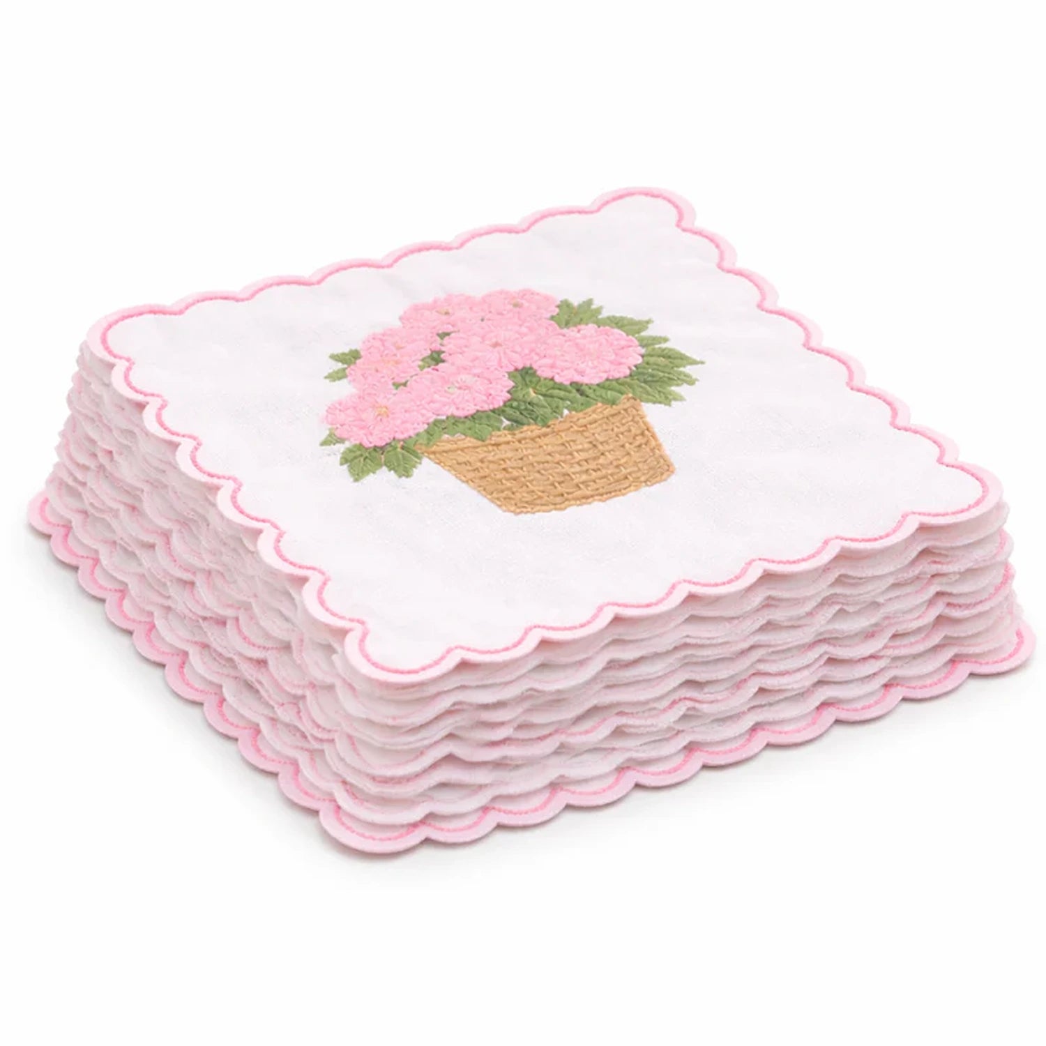 Set of 4 Pink Hydrangea Embroidered Cocktail Napkins