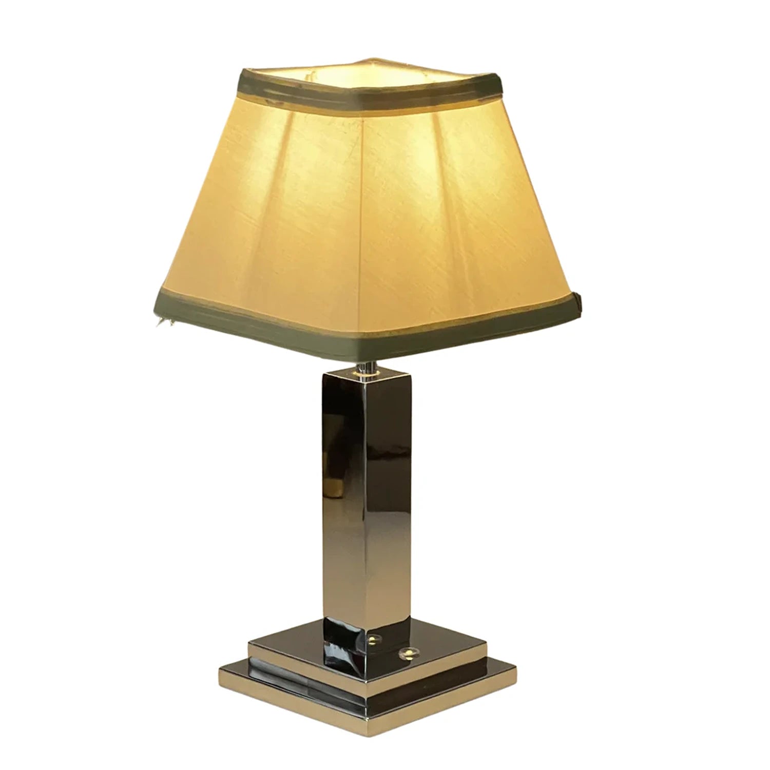 Rechargeable Table Lamp – Silver Square Base, Green Trim Pleated Shade