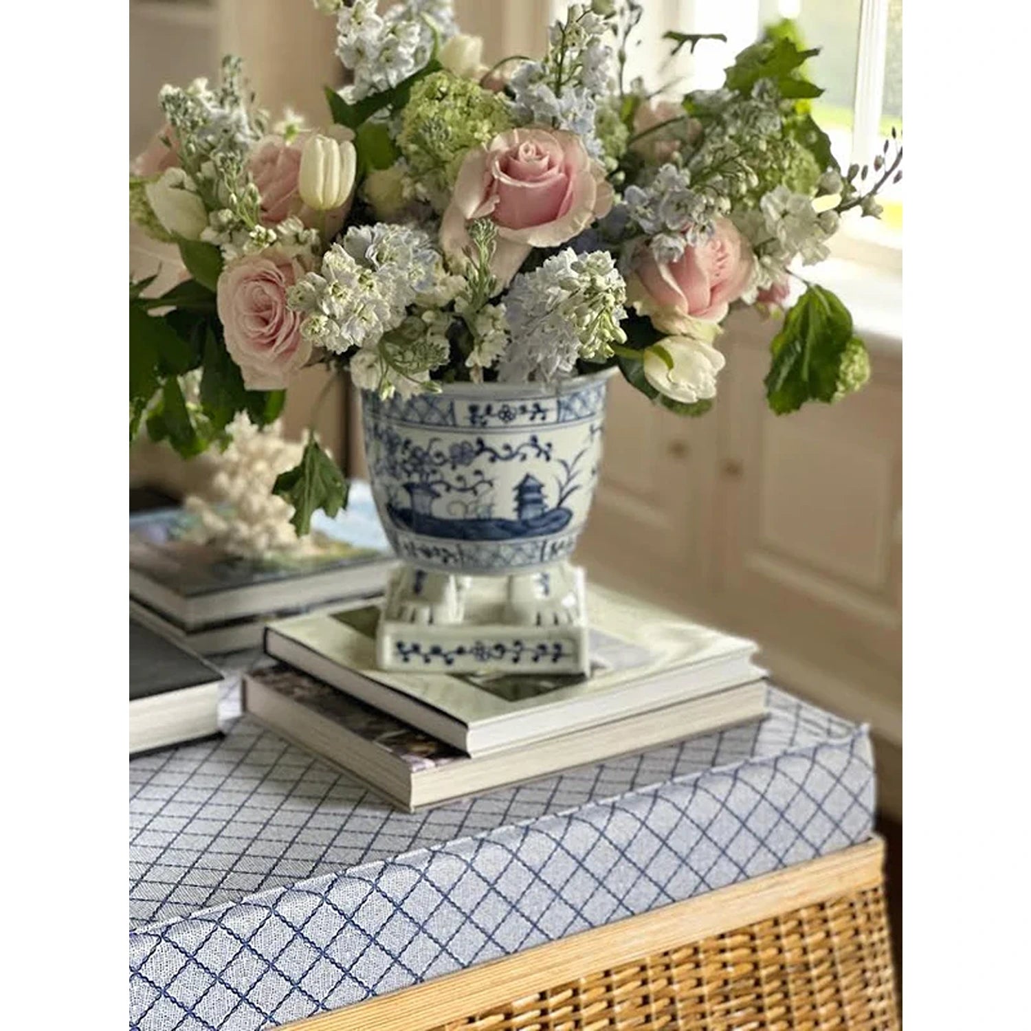 Light Blue Footed Village Scene Planter