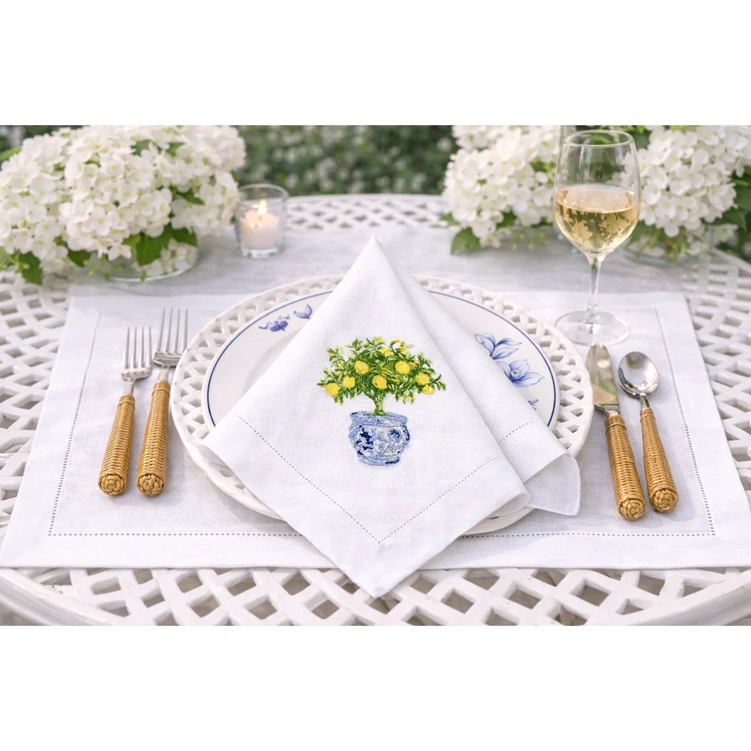 Set of 4 Lemon Topiary Embroidered Dinner Napkins
