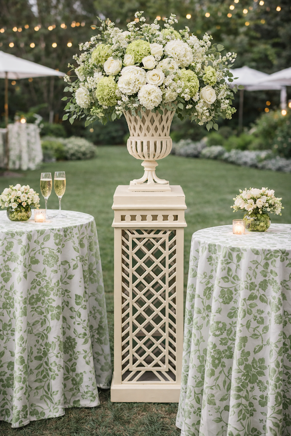 Bisque Cast Aluminum Fretwork Urn and Pedestal
