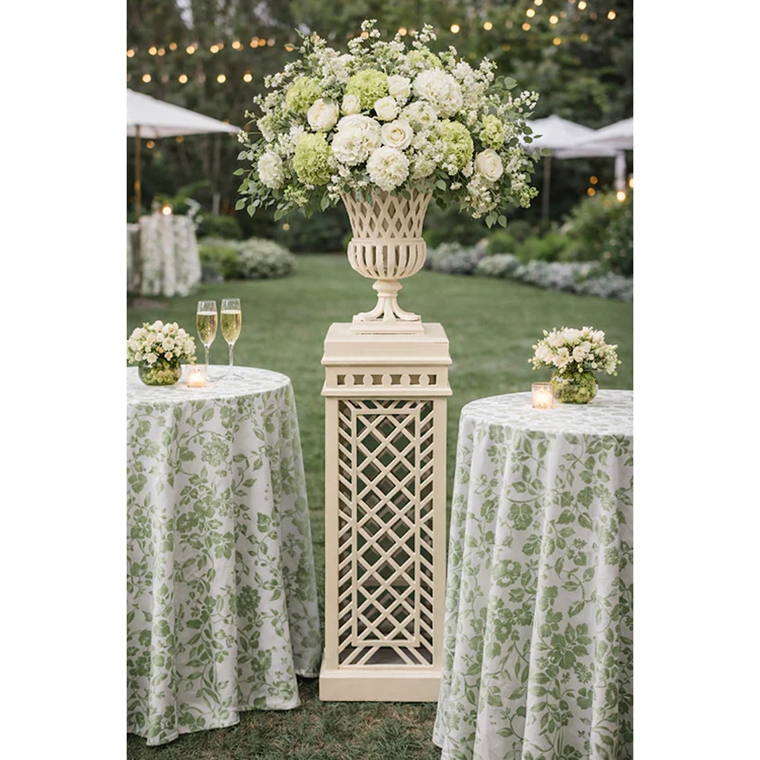 Bisque Cast Aluminum Fretwork Urn and Pedestal