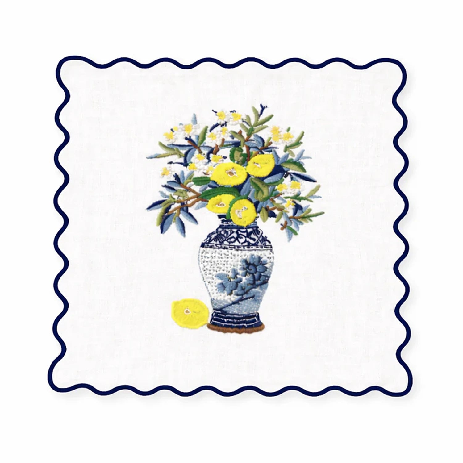 Set of 4 Lemon Floral Embroidered Cocktail Napkins