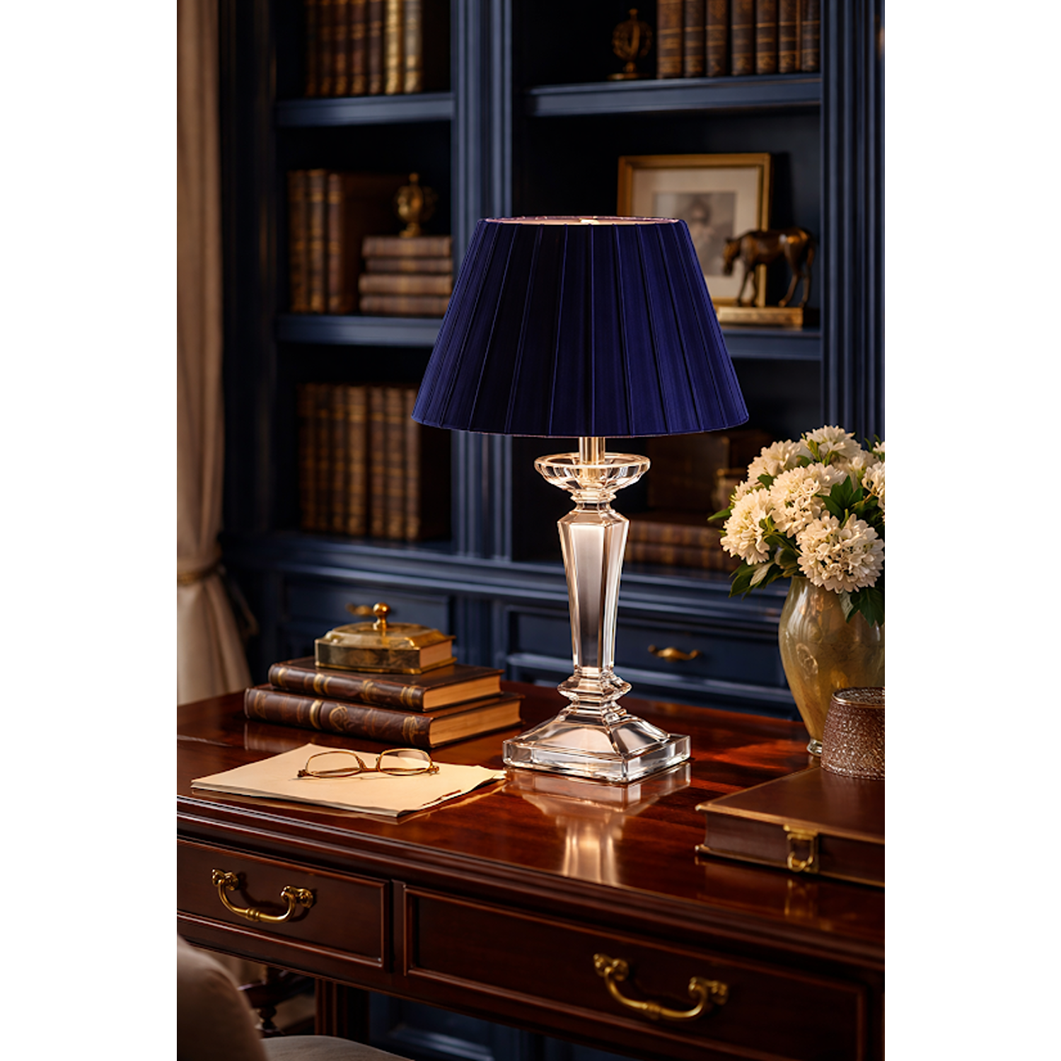 Square Crystal Rechargeable Lamp with Navy Velvet Shade