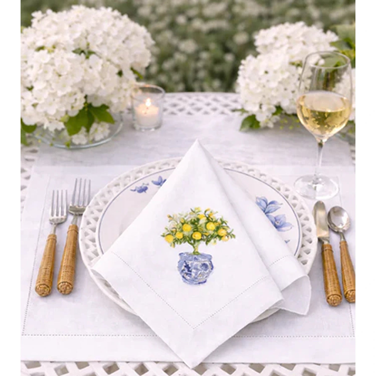 Set of 4 Lemon Topiary Embroidered Dinner Napkins
