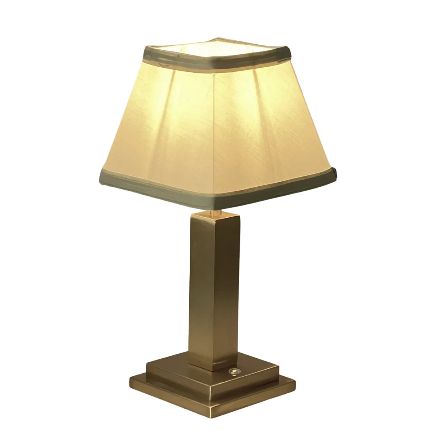 Rechargeable Table Lamp – Gold Square Base, Green Trim Pleated Shade