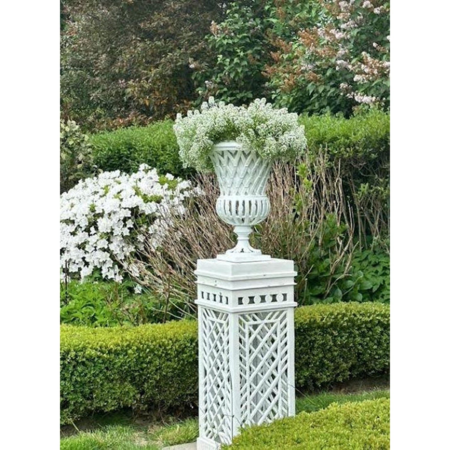 White Cast Aluminum Fretwork Urn And Pedestal