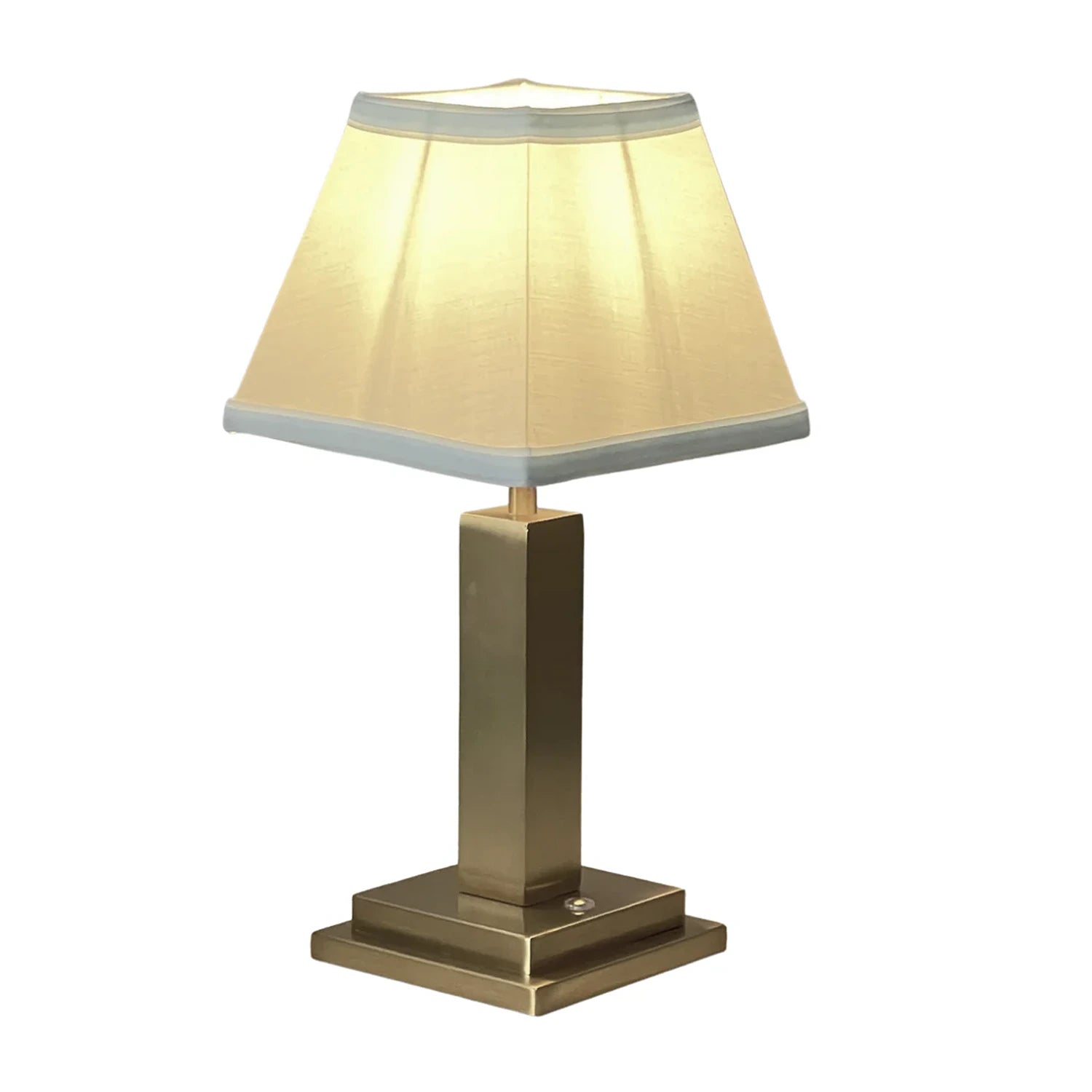 Rechargeable Table Lamp – Gold Square Base, Blue Trim Pleated Shade