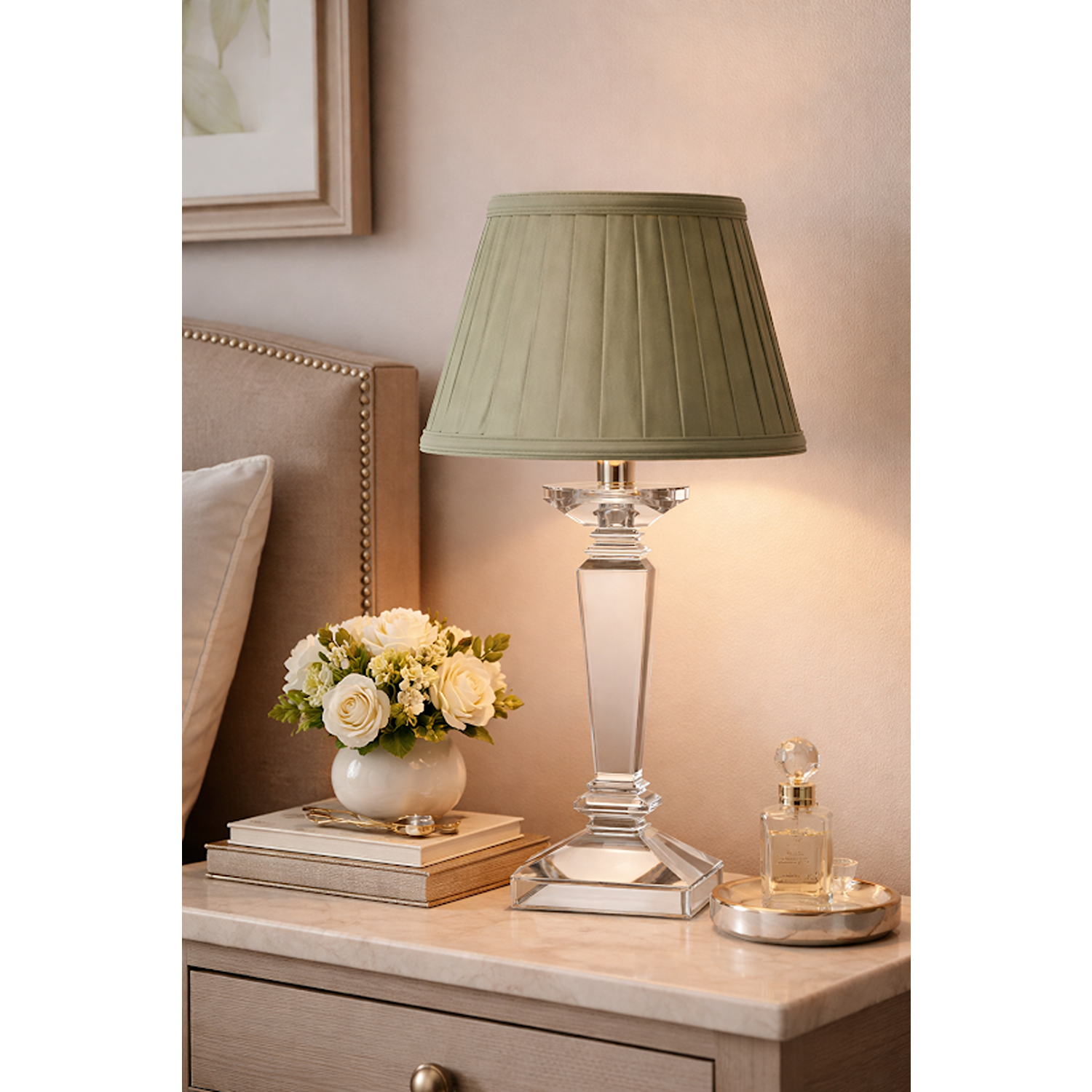 Square Crystal Rechargeable Lamp with Sage Green Shade