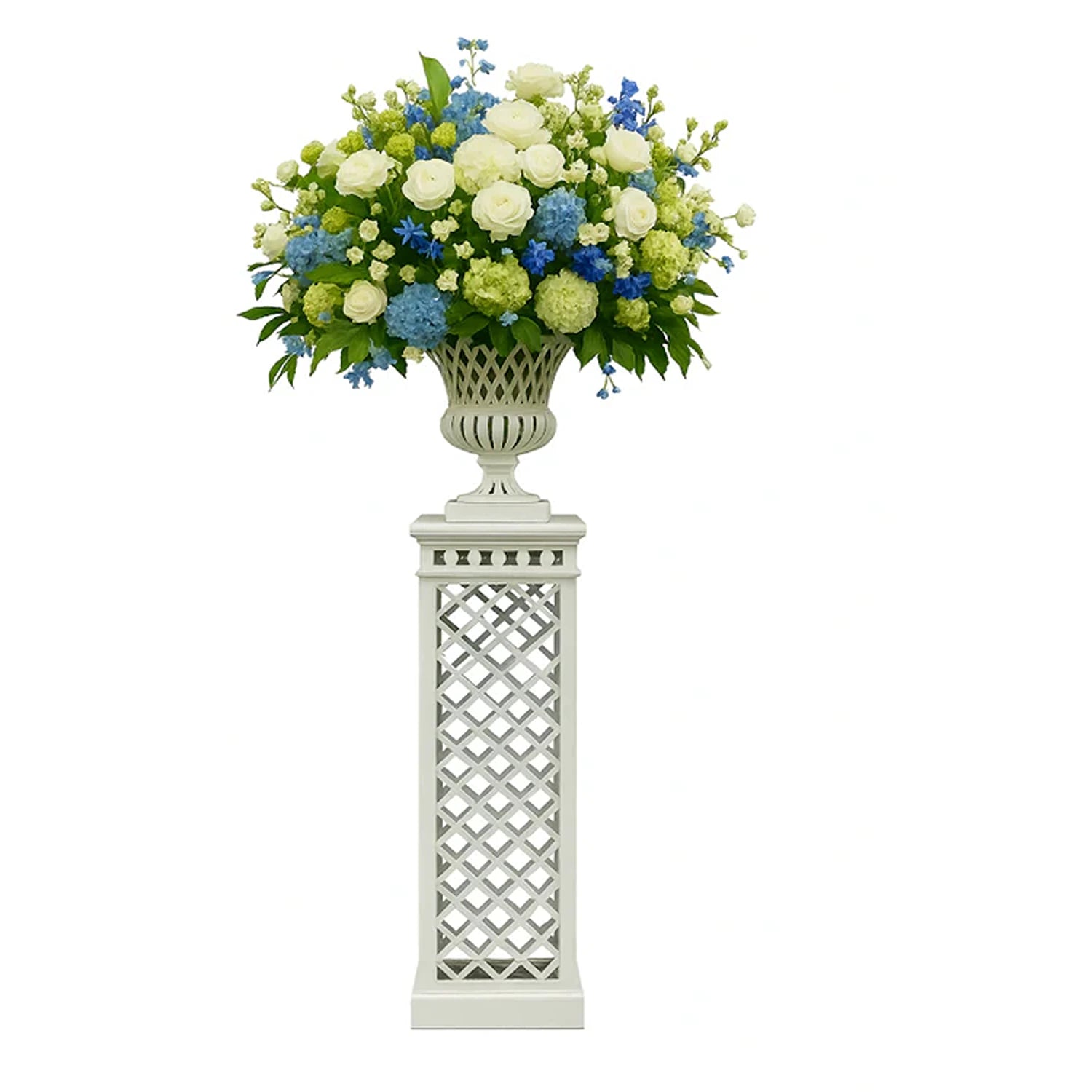 White Cast Aluminum Fretwork Urn And Pedestal