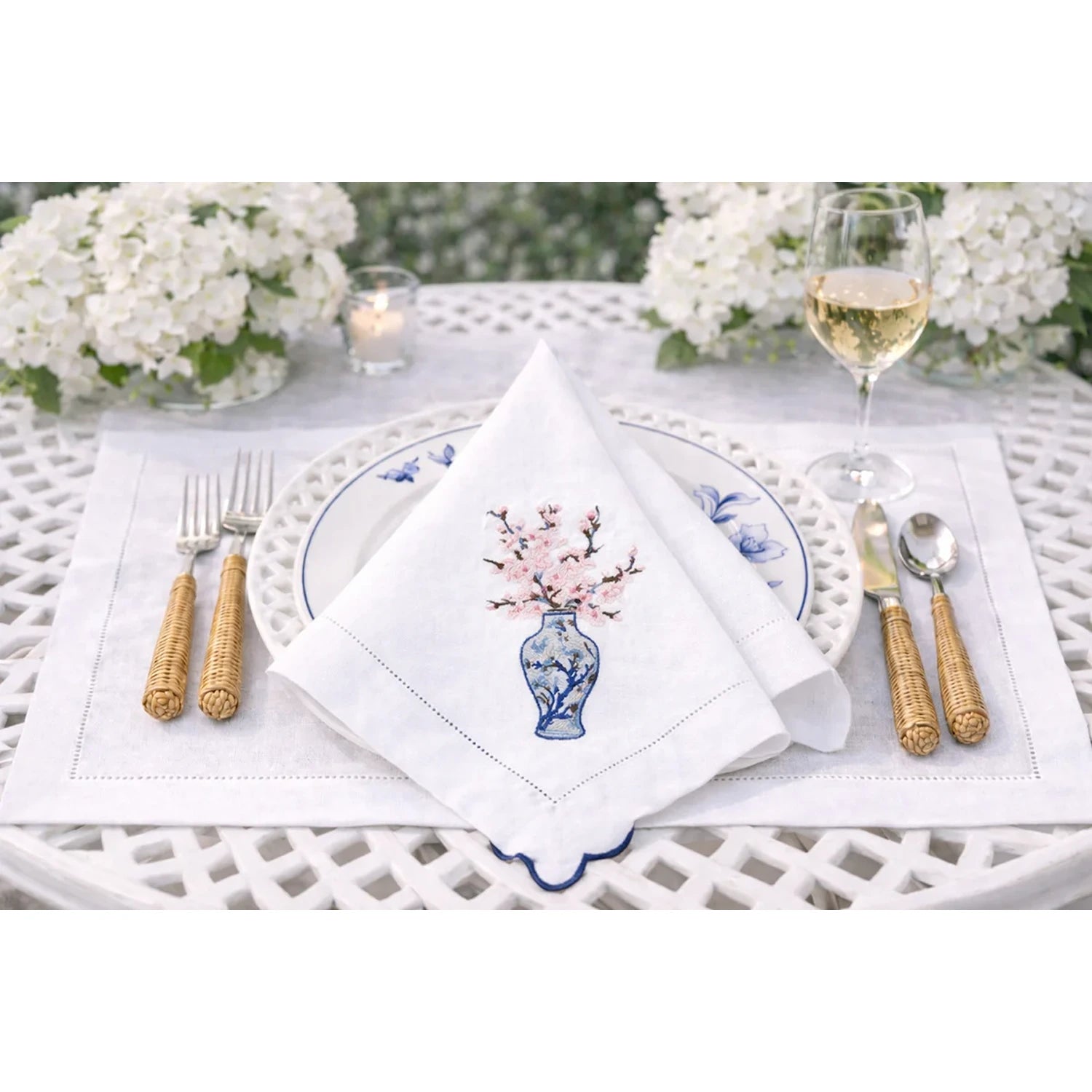 Set of 4 Cherry Blossom Embroidered Dinner Napkins