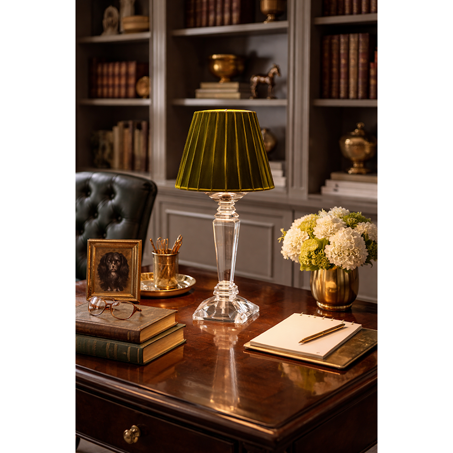 Square Crystal Rechargeable Lamp with Moss Green Velvet Shade