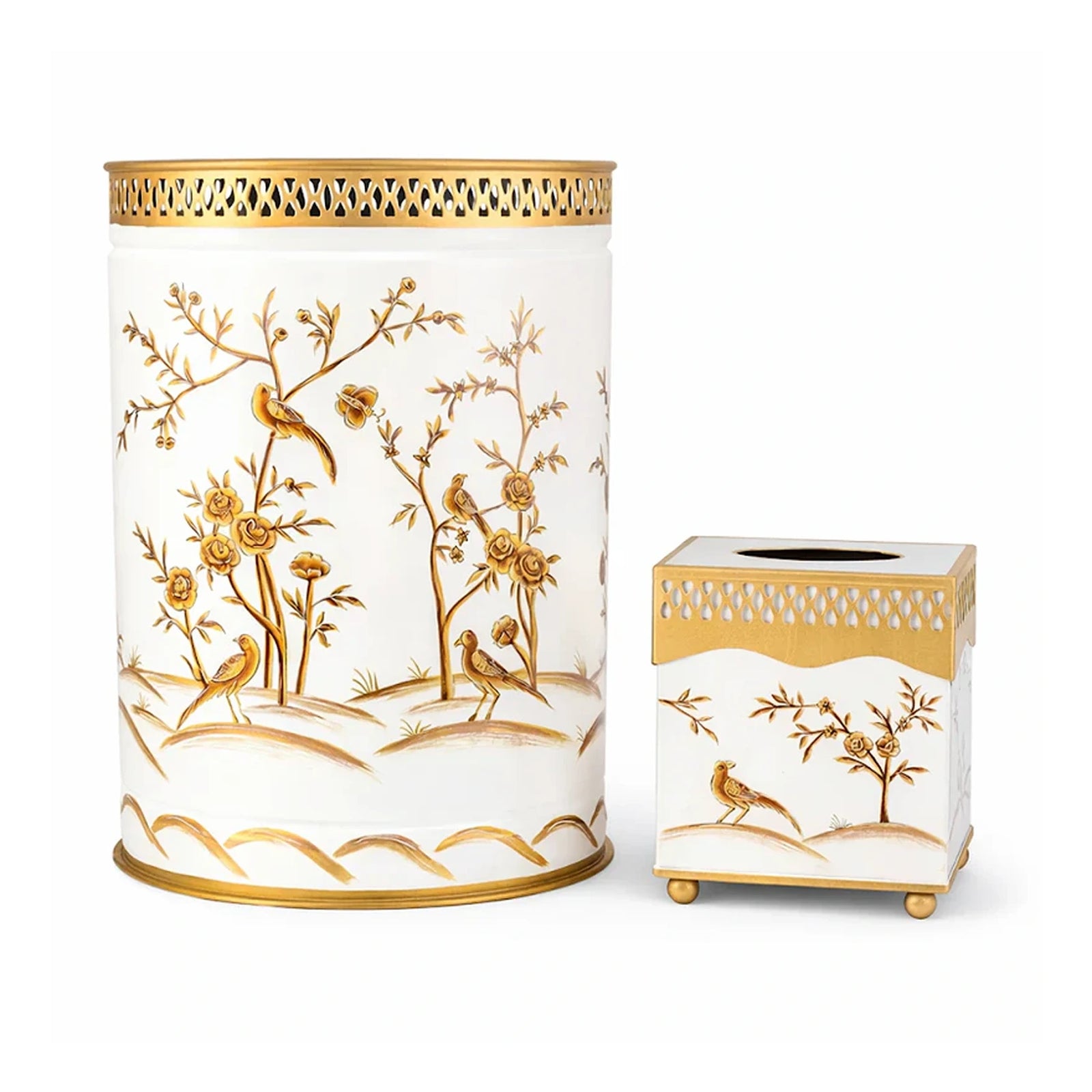Ivory & Gold Oval Pierced Wastepaper Basket & Tissue