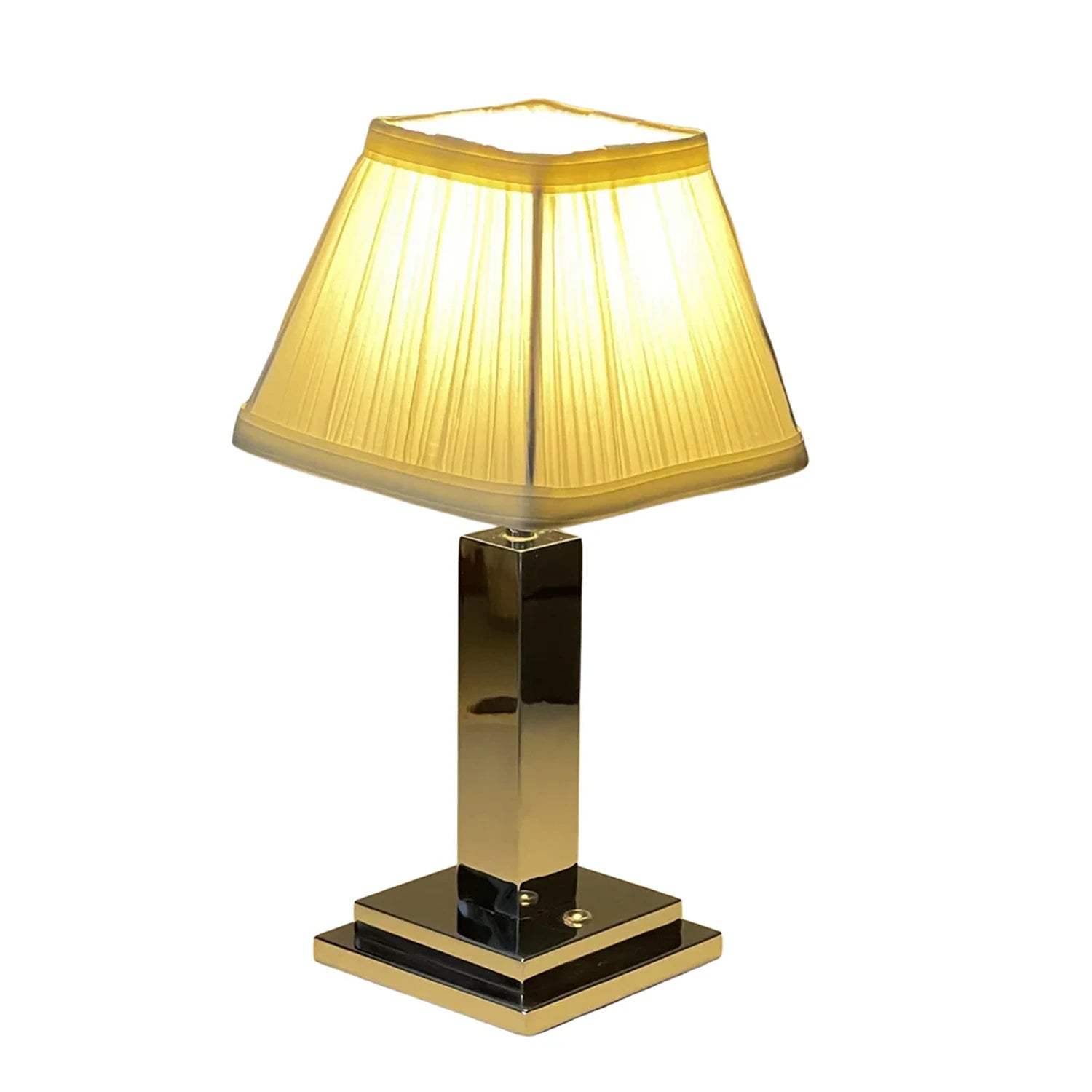 Rechargeable Table Lamp – Silver Square Base, Ivory Pleated Shade